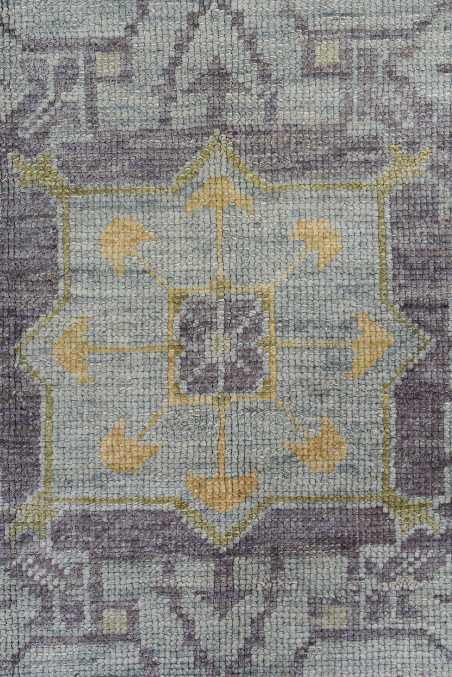 8' x 12' one-of-a-kind handmade vintage Oushak large size rug. Color palette: gray, pale blue, ivory, gold, taupe, rust