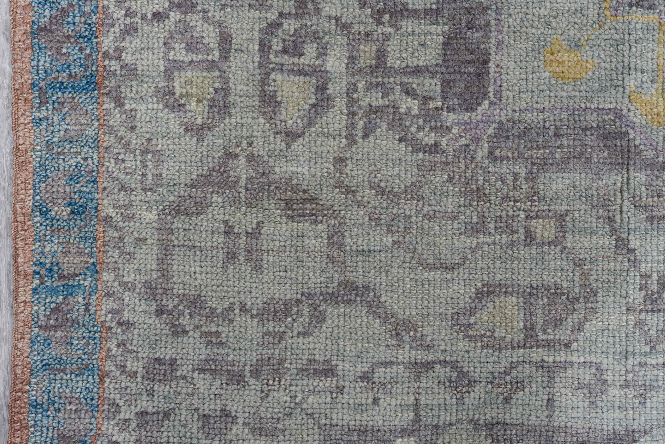 8' x 12' one-of-a-kind handmade vintage Oushak large size rug. Color palette: gray, pale blue, ivory, gold, taupe, rust
