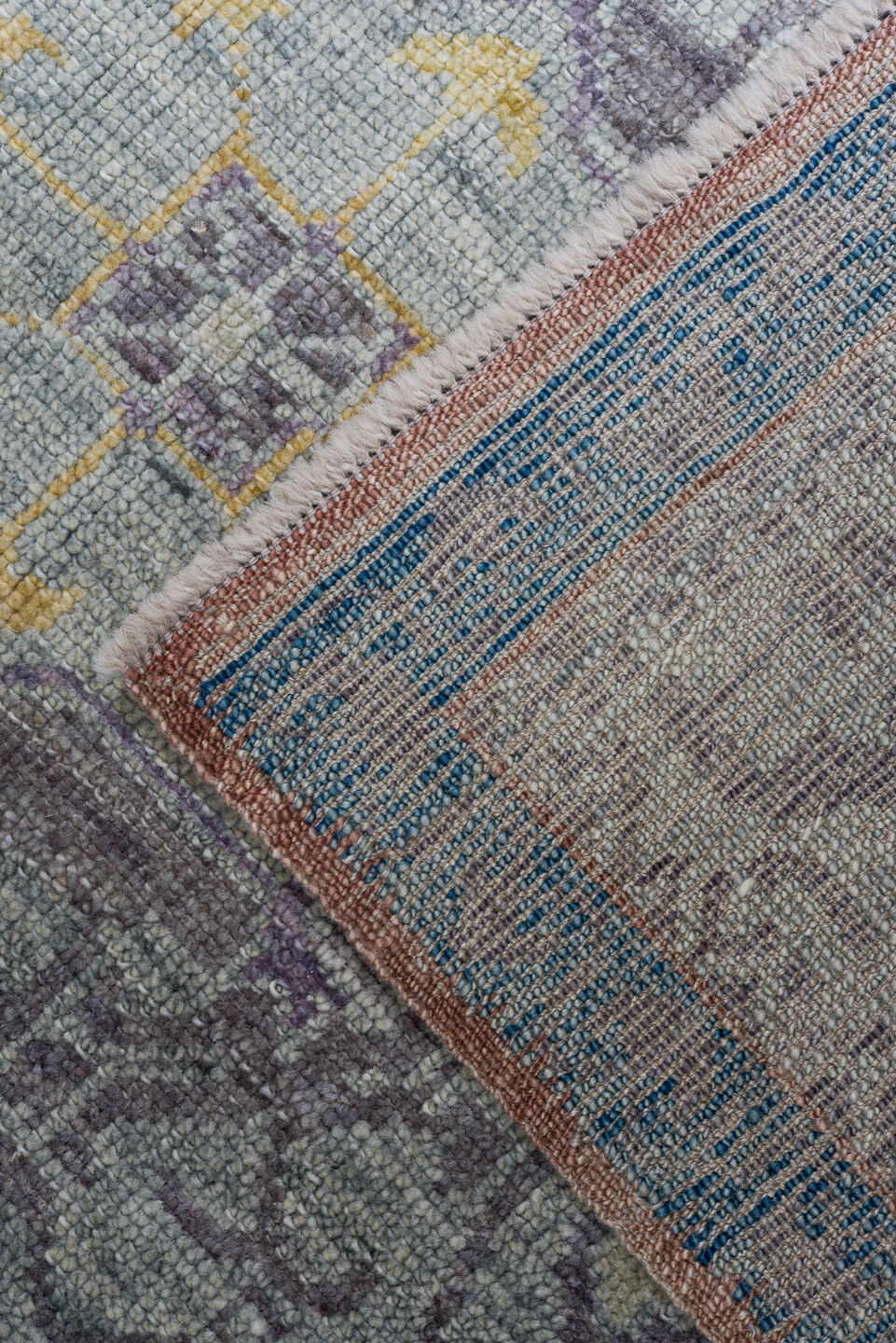 8' x 12' one-of-a-kind handmade vintage Oushak large size rug. Color palette: gray, pale blue, ivory, gold, taupe, rust