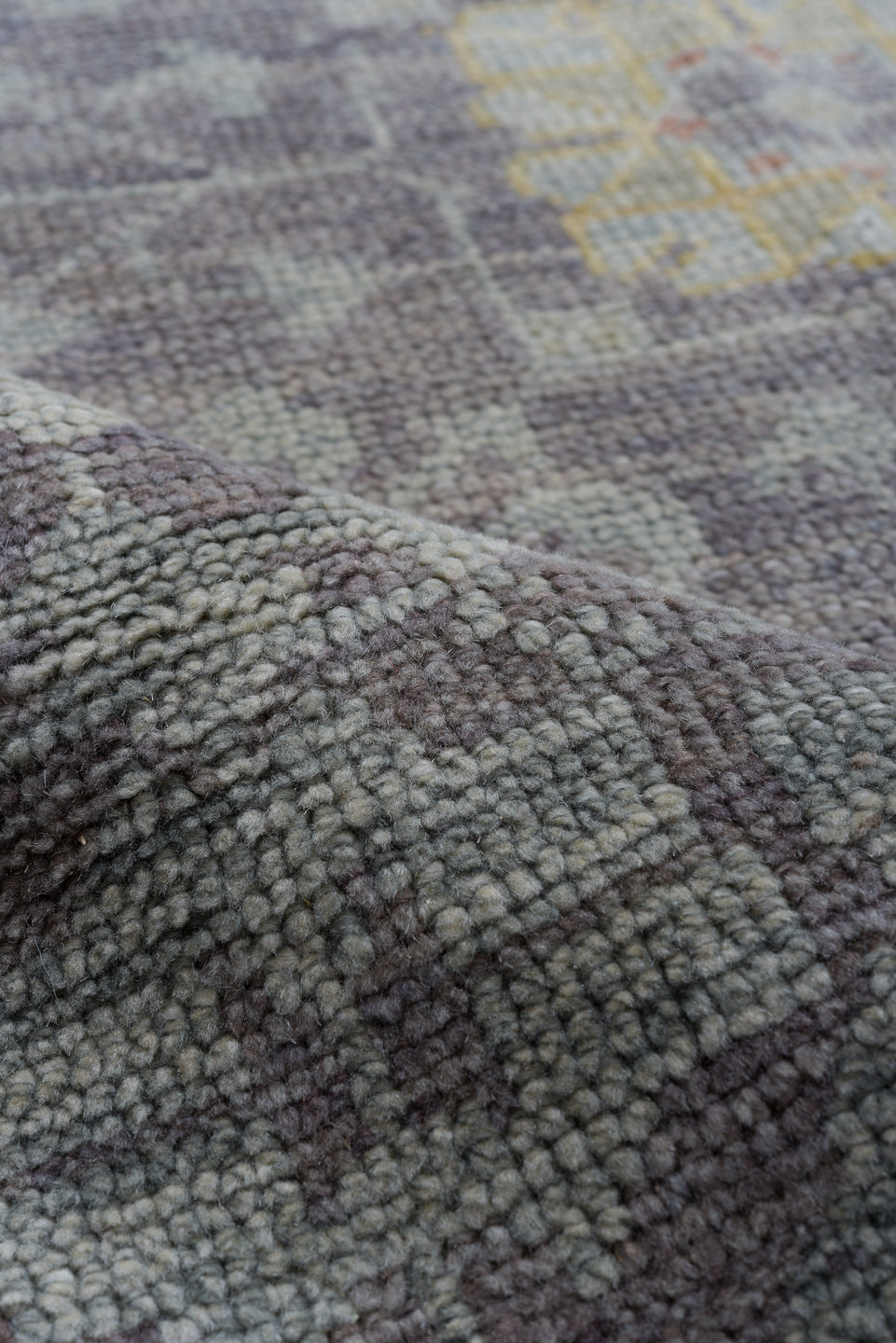8' x 12' one-of-a-kind handmade vintage Oushak large size rug. Color palette: gray, pale blue, ivory, gold, taupe, rust