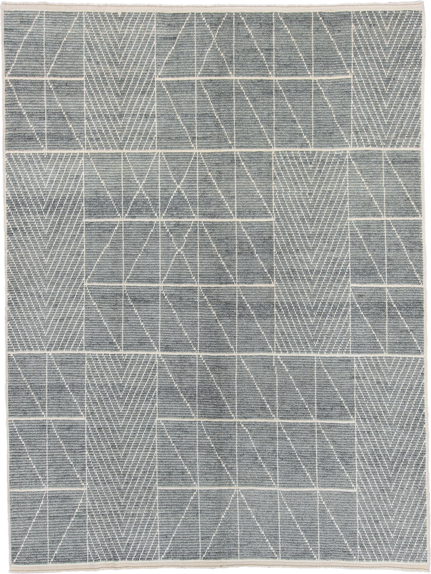 9' x 12' one-of-a-kind handmade vintage Tulu large size rug. Color palette: gray, ivory, slate, cream
