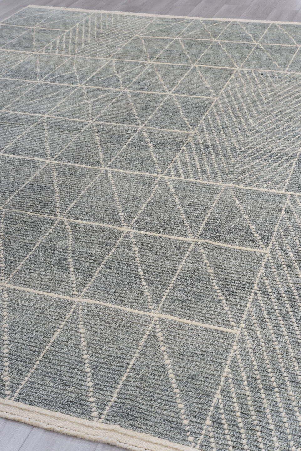 9' x 12' one-of-a-kind handmade vintage Tulu large size rug. Color palette: gray, ivory, slate, cream