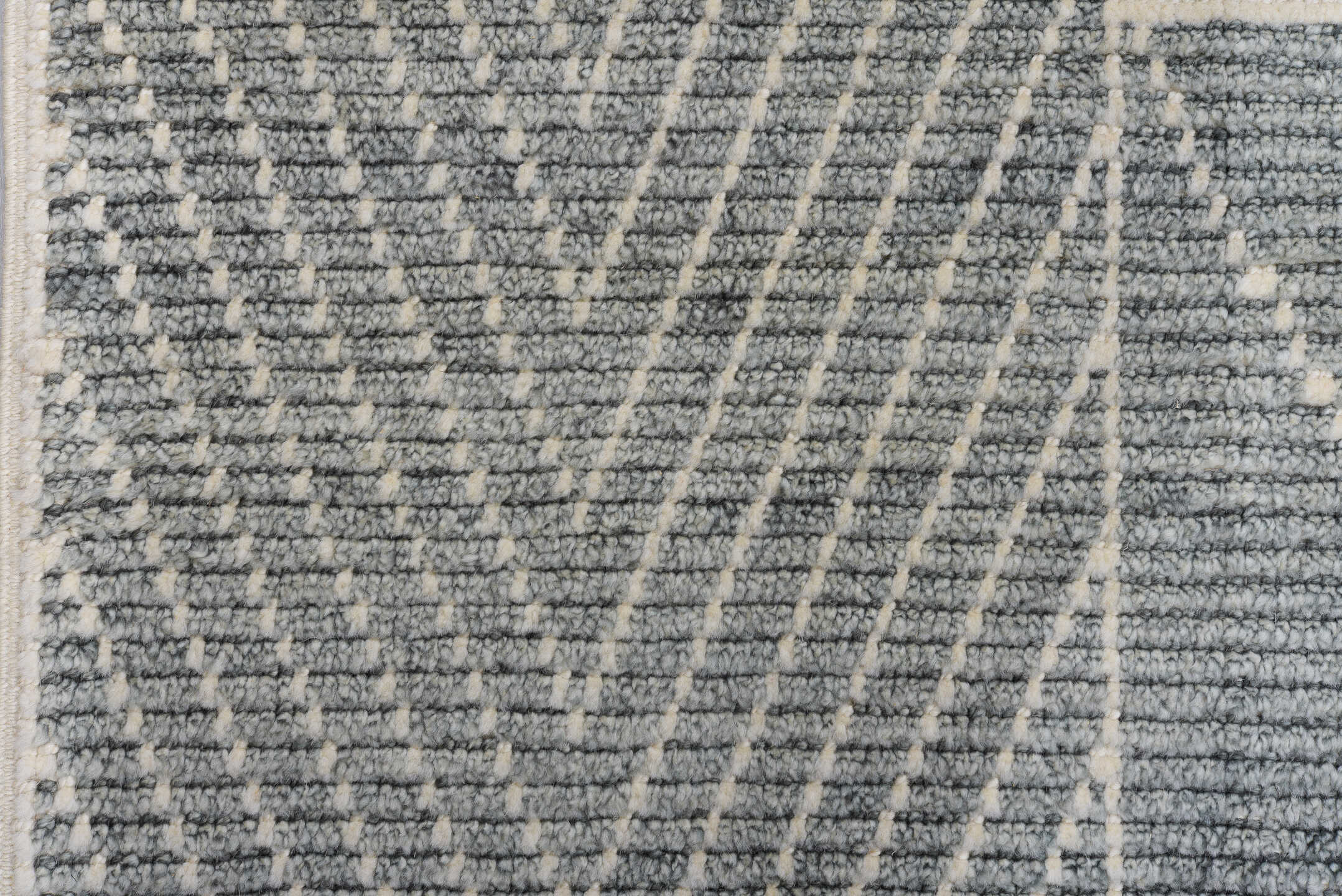 9' x 12' one-of-a-kind handmade vintage Tulu large size rug. Color palette: gray, ivory, slate, cream