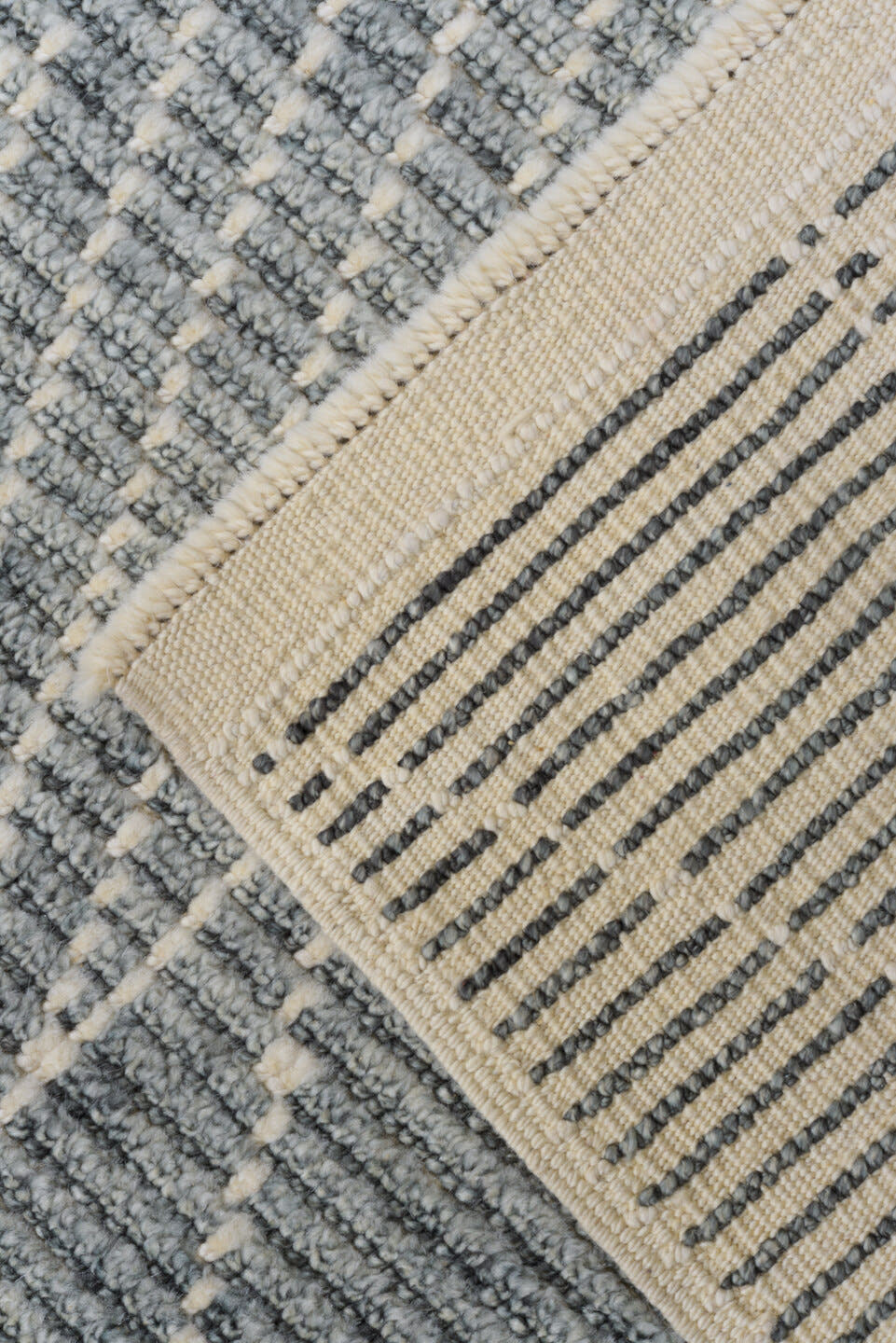 9' x 12' one-of-a-kind handmade vintage Tulu large size rug. Color palette: gray, ivory, slate, cream
