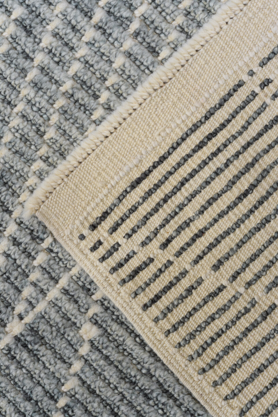 9' x 12' one-of-a-kind handmade vintage Tulu large size rug. Color palette: gray, ivory, slate, cream