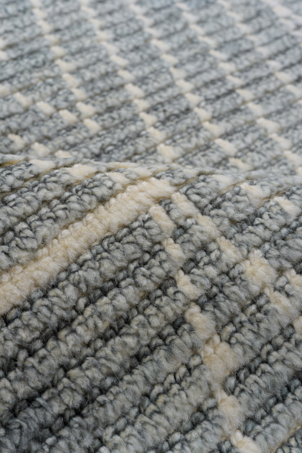 9' x 12' one-of-a-kind handmade vintage Tulu large size rug. Color palette: gray, ivory, slate, cream