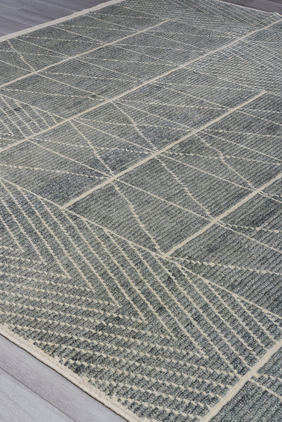 9' x 12' one-of-a-kind handmade vintage Tulu large size rug. Color palette: gray, ivory, slate, cream