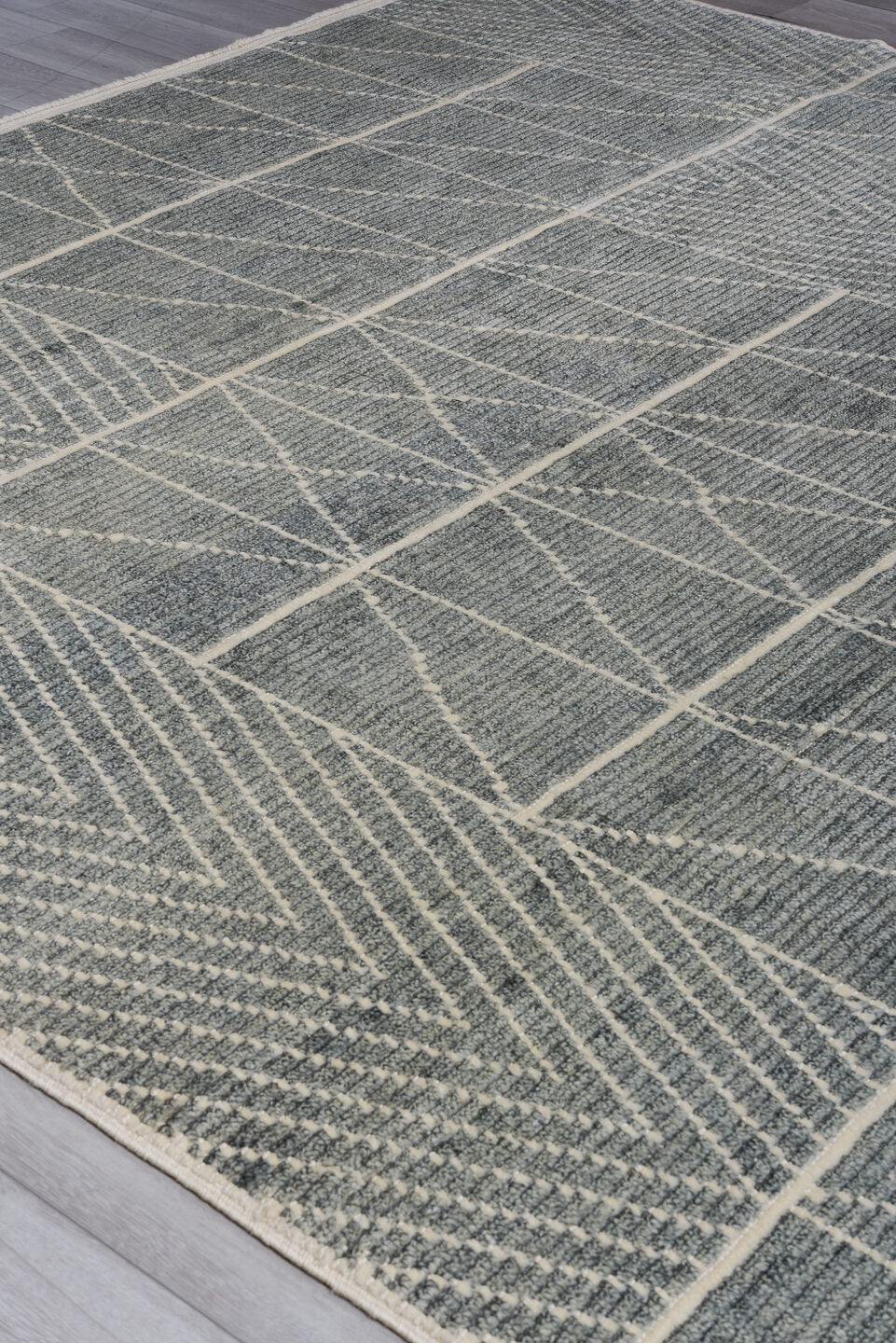 9' x 12' one-of-a-kind handmade vintage Tulu large size rug. Color palette: gray, ivory, slate, cream