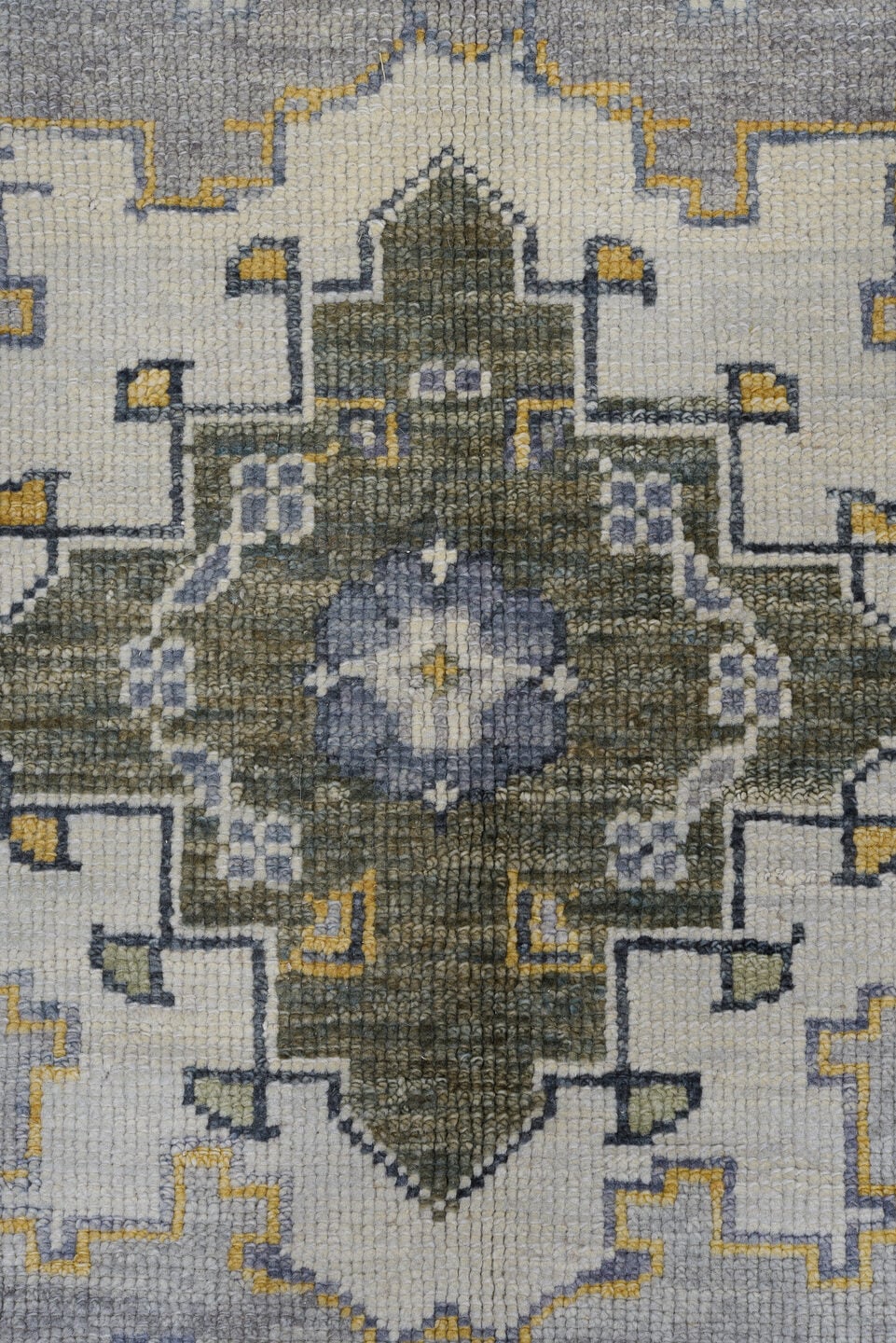 10' x 13' one-of-a-kind handmade vintage Oushak large size rug. Color palette: gold, gray, ivory, slate, olive, charcoal