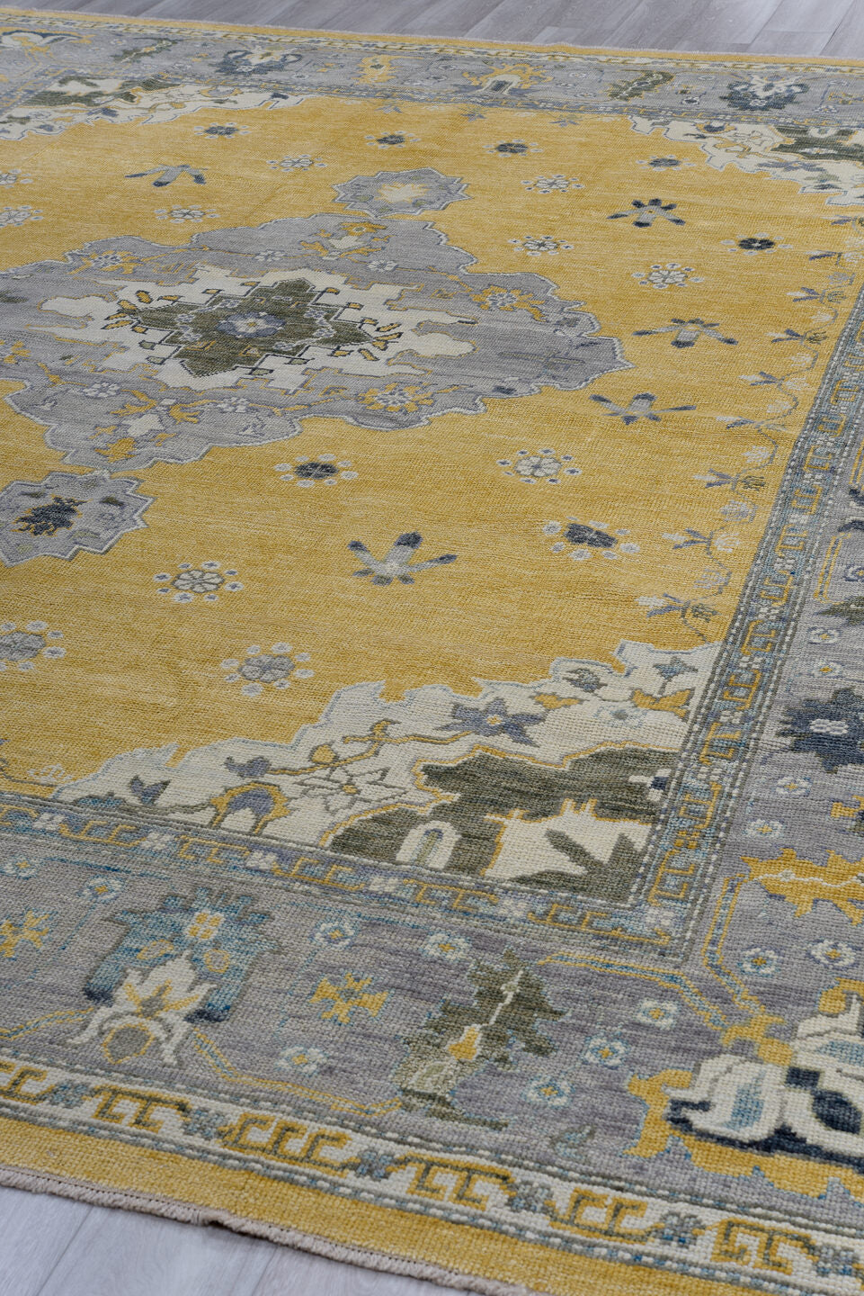 10' x 13' one-of-a-kind handmade vintage Oushak large size rug. Color palette: gold, gray, ivory, slate, olive, charcoal