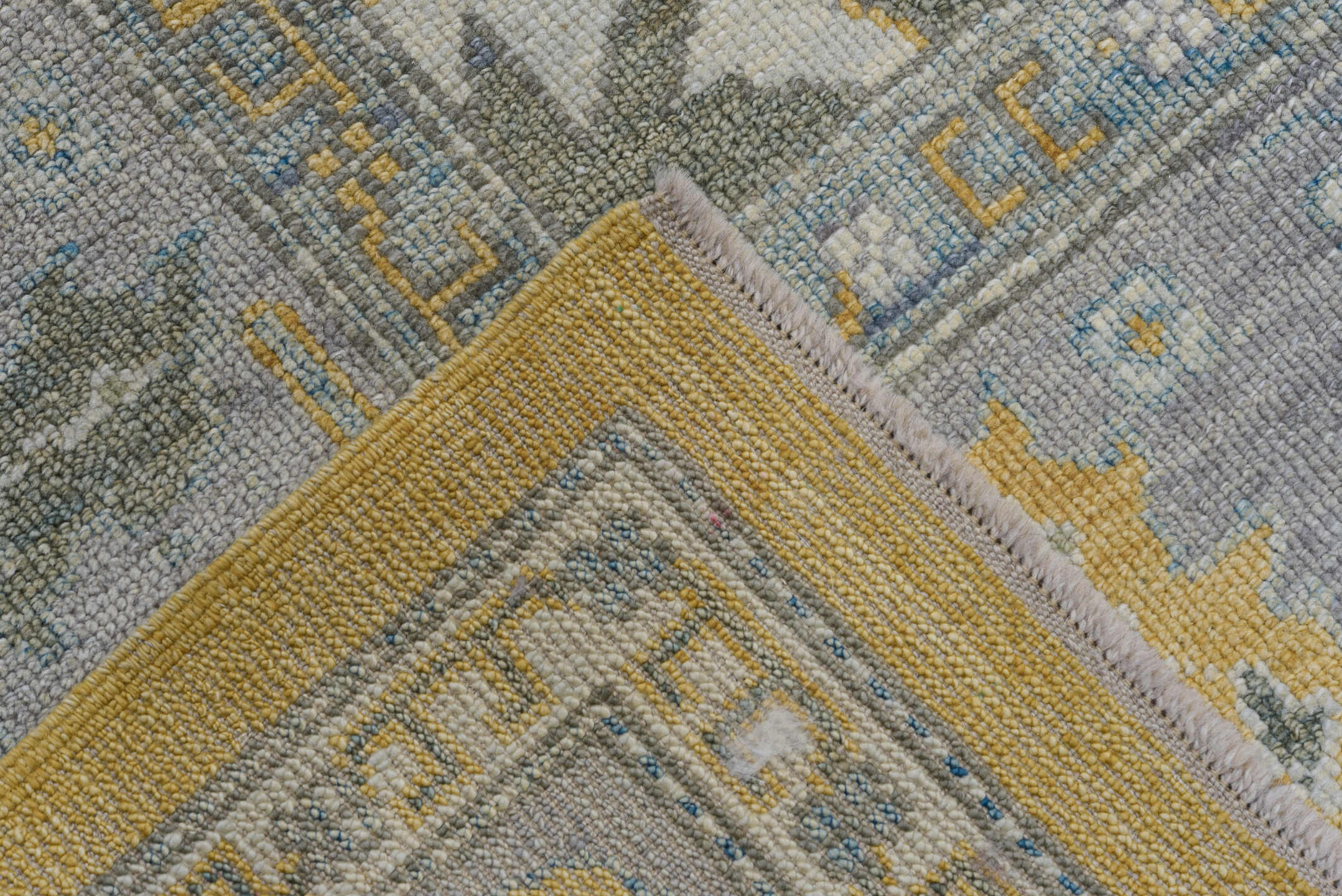 10' x 13' one-of-a-kind handmade vintage Oushak large size rug. Color palette: gold, gray, ivory, slate, olive, charcoal