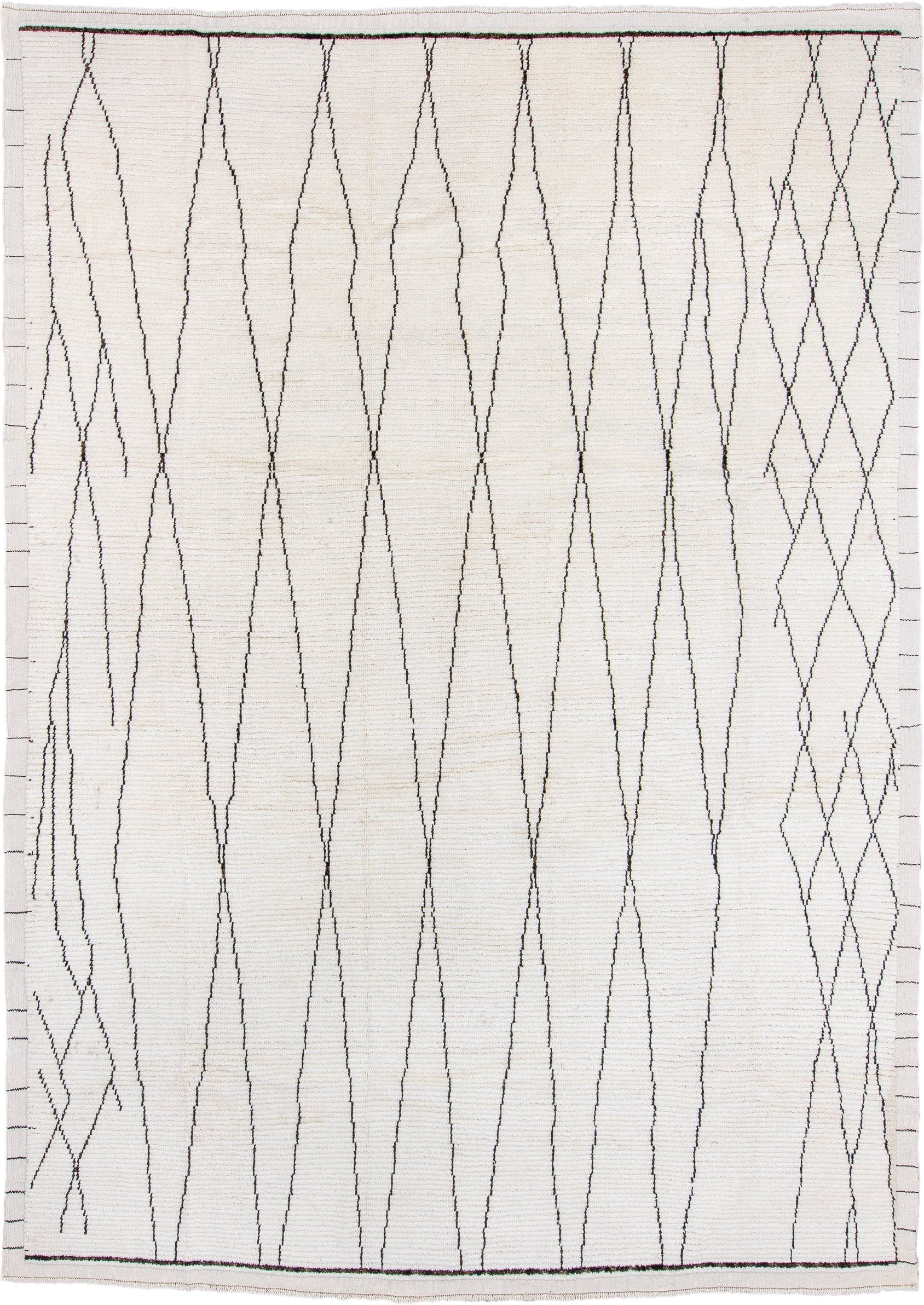9' x 13' one-of-a-kind handmade vintage Tulu large size rug. Color palette: ivory, charcoal, gray, black