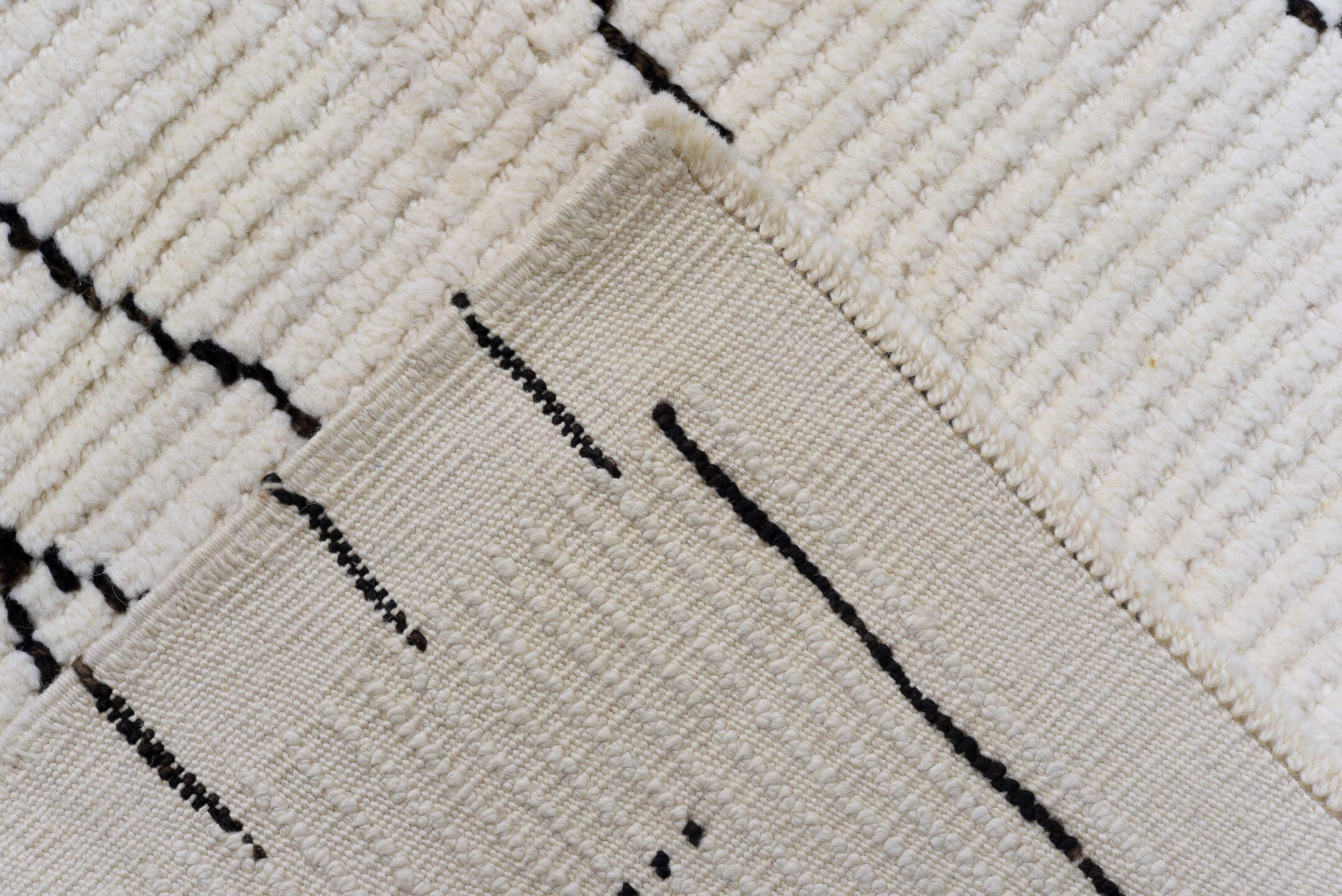 9' x 13' one-of-a-kind handmade vintage Tulu large size rug. Color palette: ivory, charcoal, gray, black