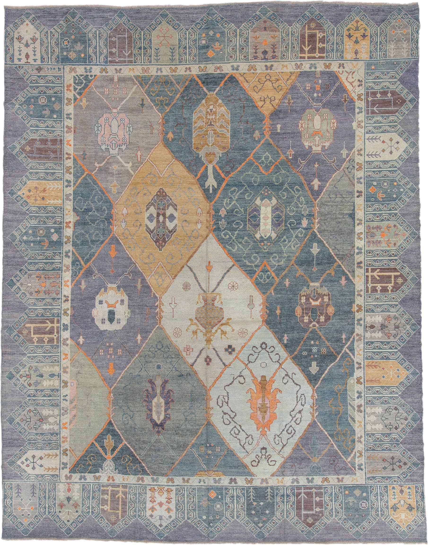 11' x 15' one-of-a-kind handmade vintage Oushak oversize rug. Color palette: blue, ivory, slate, gold, taupe, terra cotta