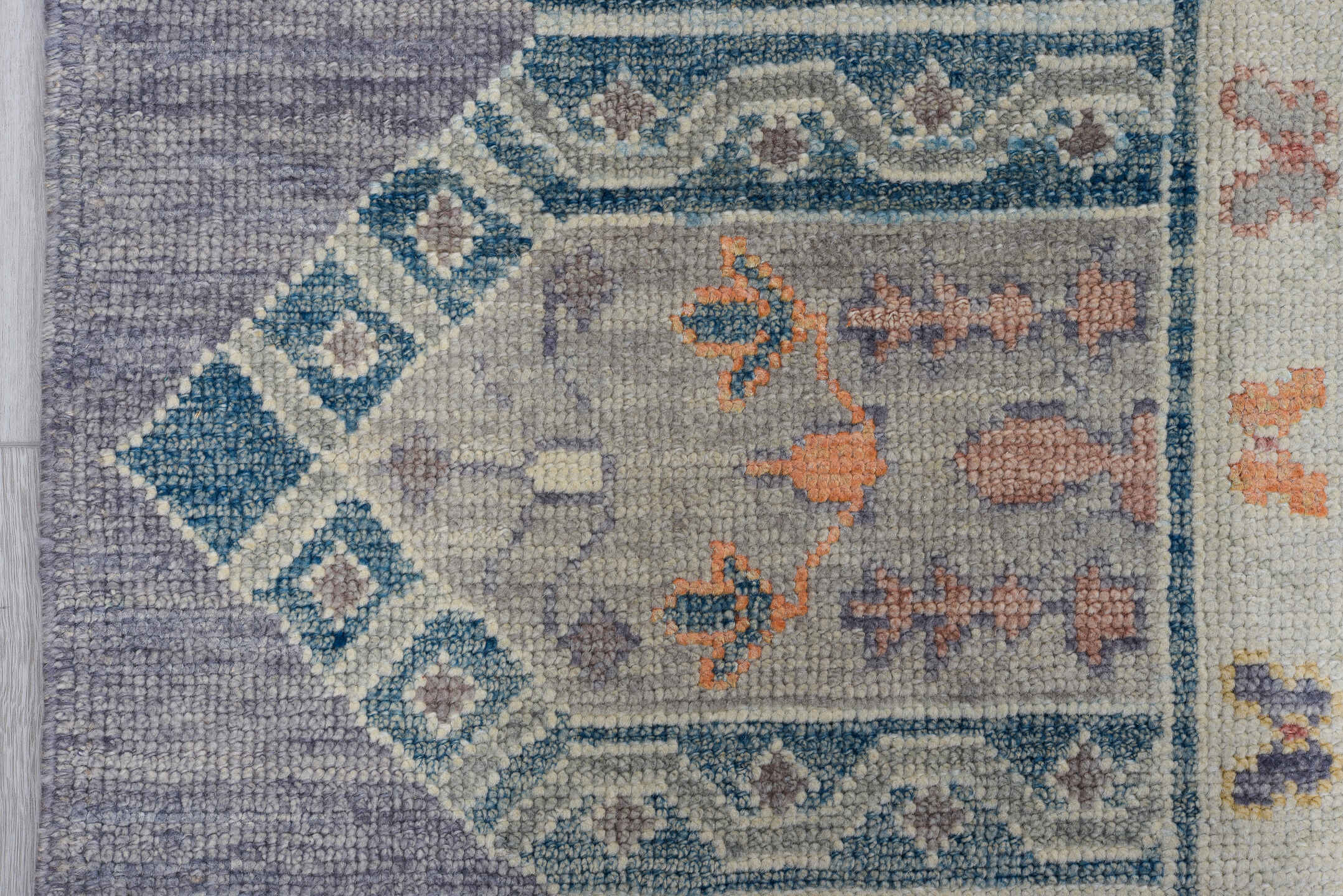 11' x 15' one-of-a-kind handmade vintage Oushak oversize rug. Color palette: blue, ivory, slate, gold, taupe, terra cotta