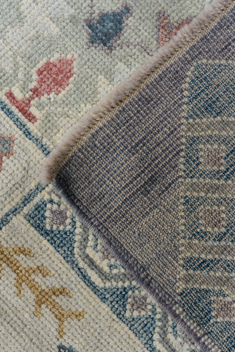 11' x 15' one-of-a-kind handmade vintage Oushak oversize rug. Color palette: blue, ivory, slate, gold, taupe, terra cotta