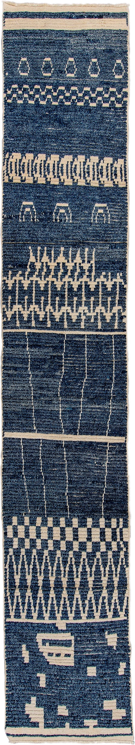 2' x 14' one-of-a-kind handmade vintage Tulu runner rug. Color palette: navy, ivory, blue