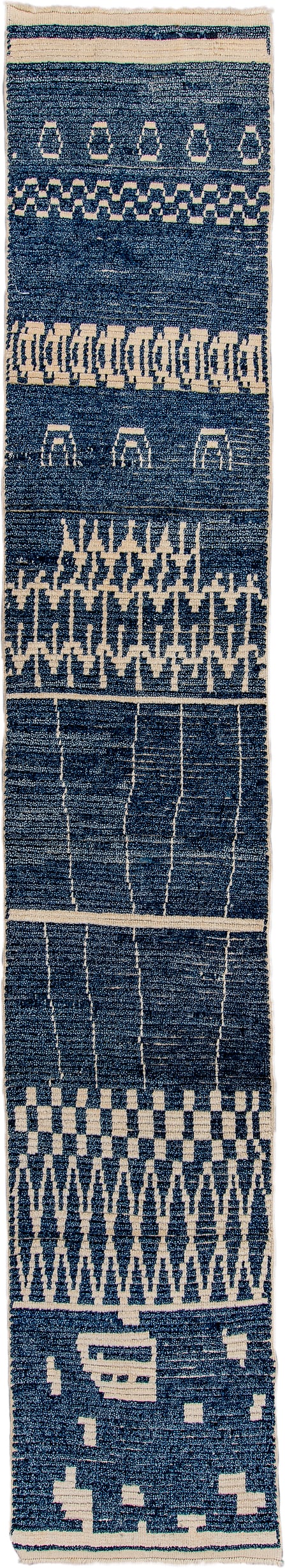 2' x 14' one-of-a-kind handmade vintage Tulu runner rug. Color palette: navy, ivory, blue