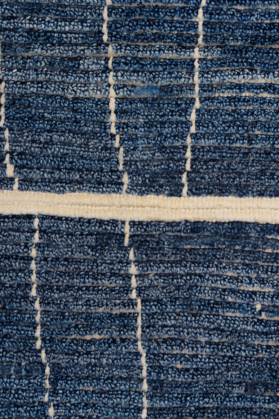 2' x 14' one-of-a-kind handmade vintage Tulu runner rug. Color palette: navy, ivory, blue