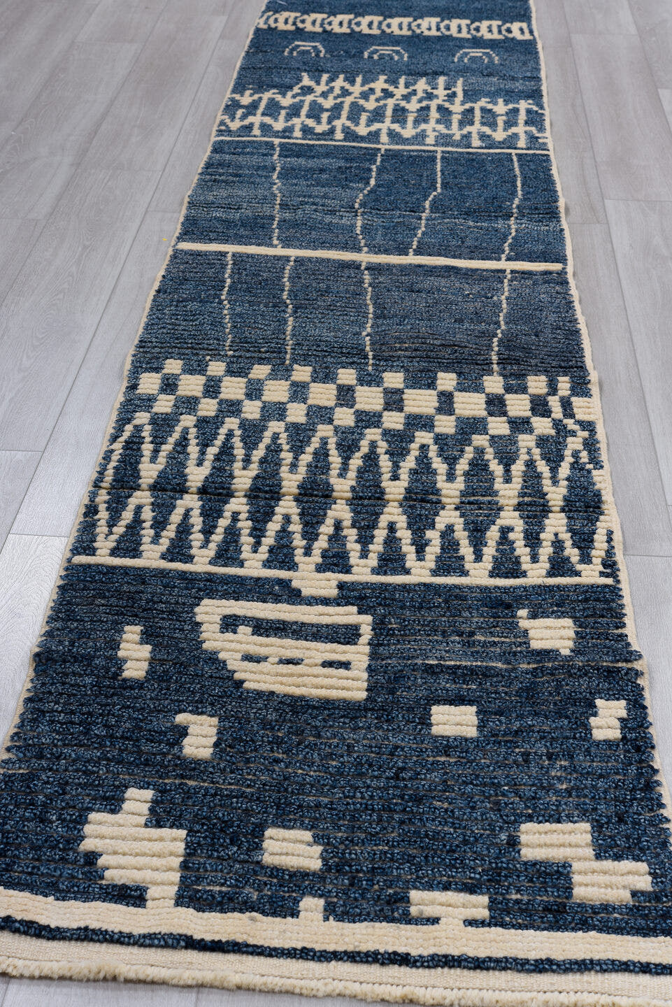 2' x 14' one-of-a-kind handmade vintage Tulu runner rug. Color palette: navy, ivory, blue