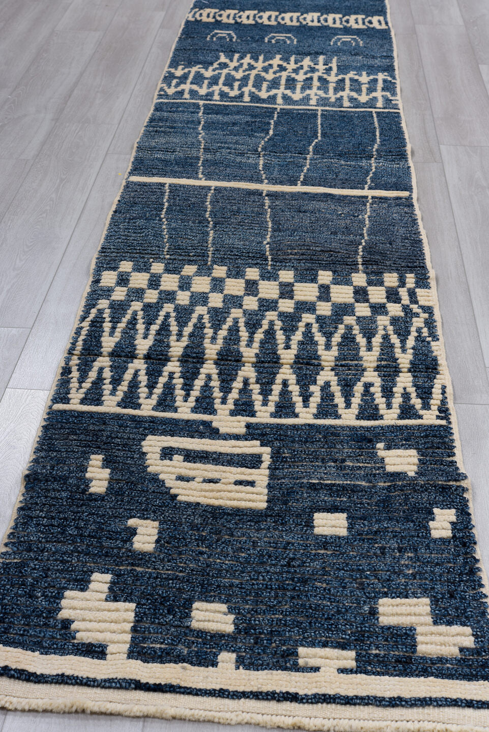 2' x 14' one-of-a-kind handmade vintage Tulu runner rug. Color palette: navy, ivory, blue