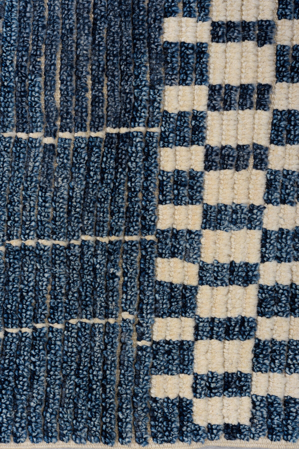 2' x 14' one-of-a-kind handmade vintage Tulu runner rug. Color palette: navy, ivory, blue