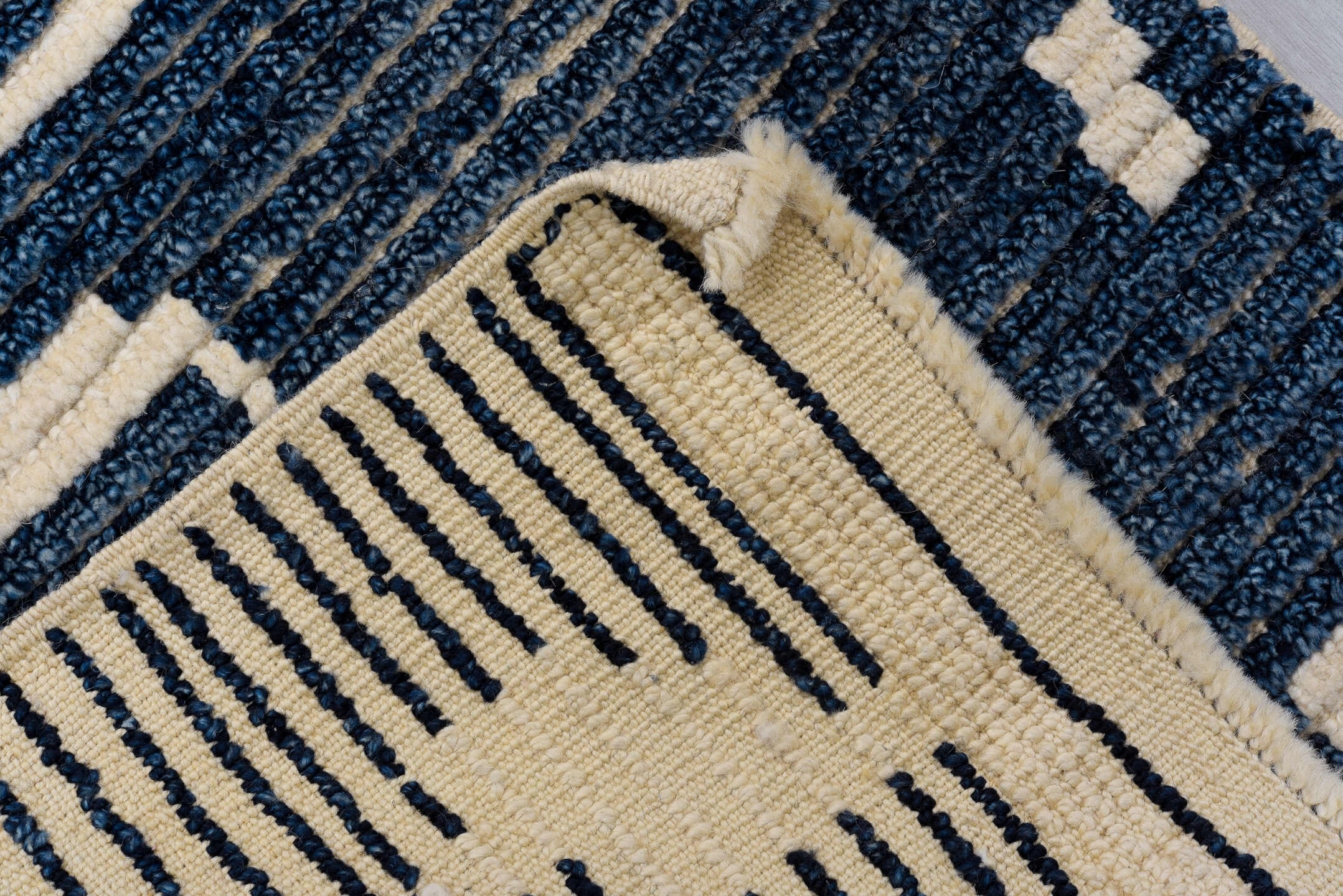 2' x 14' one-of-a-kind handmade vintage Tulu runner rug. Color palette: navy, ivory, blue