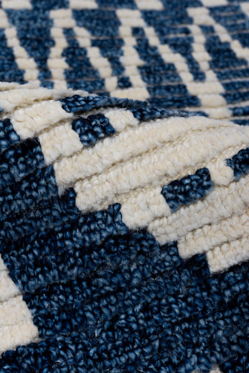 2' x 14' one-of-a-kind handmade vintage Tulu runner rug. Color palette: navy, ivory, blue