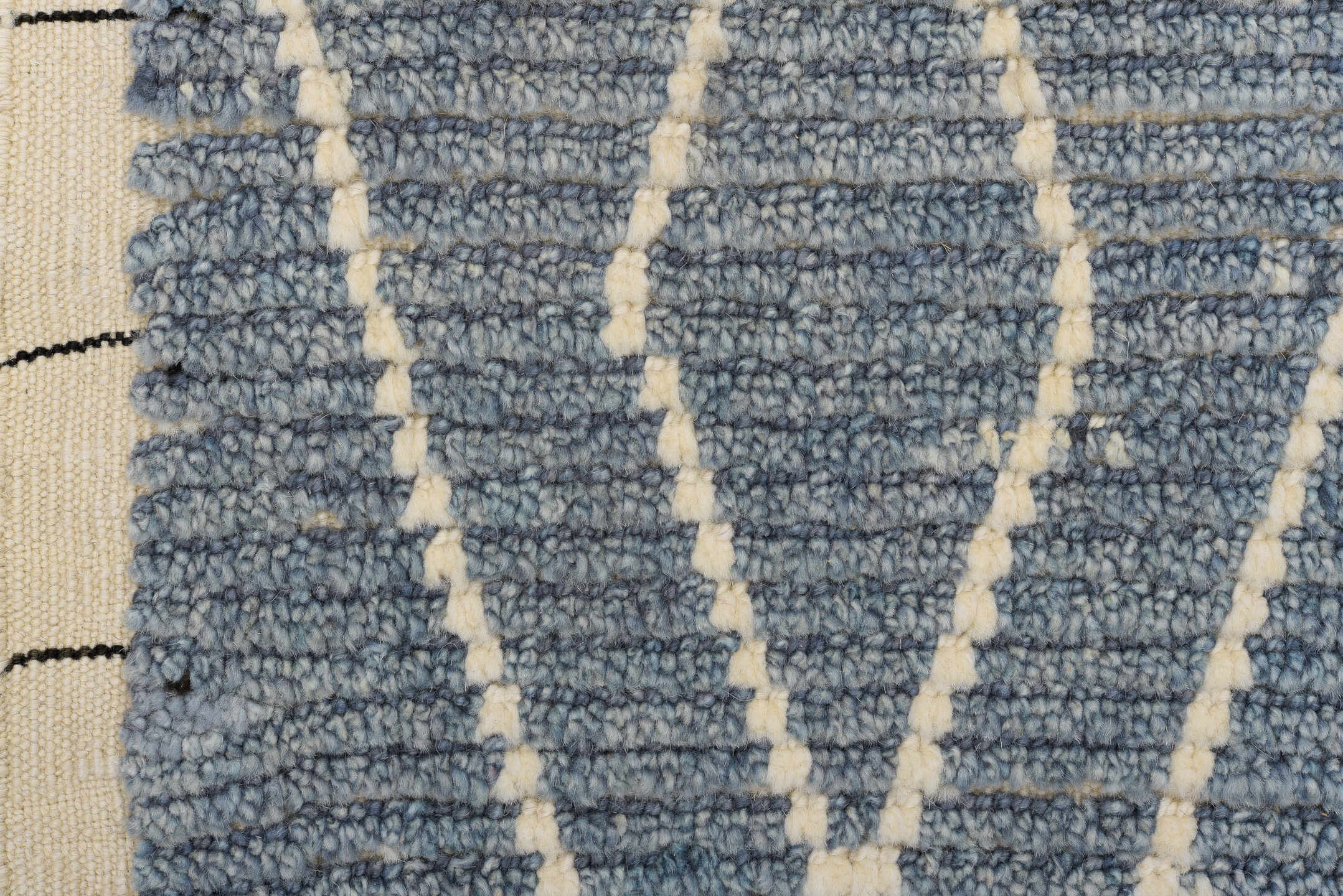 2' x 6' one-of-a-kind handmade vintage Tulu runner rug. Color palette: blue, gray, light gray, off-white