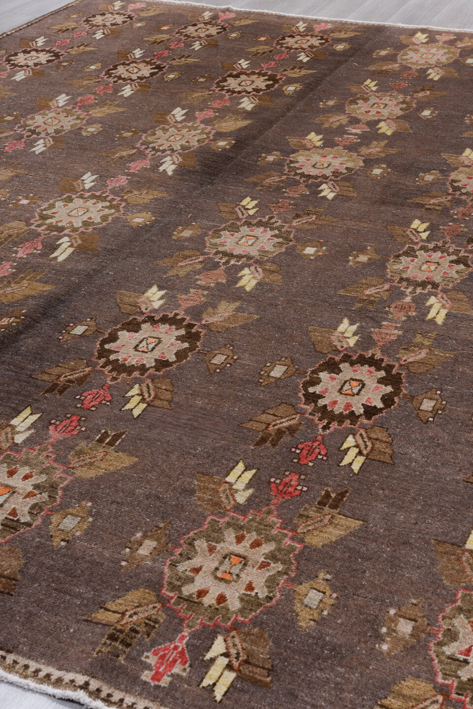 10' x 12' one-of-a-kind handmade vintage Sparta large size rug. Color palette: brown, gray, light gray, off-white, pink, red