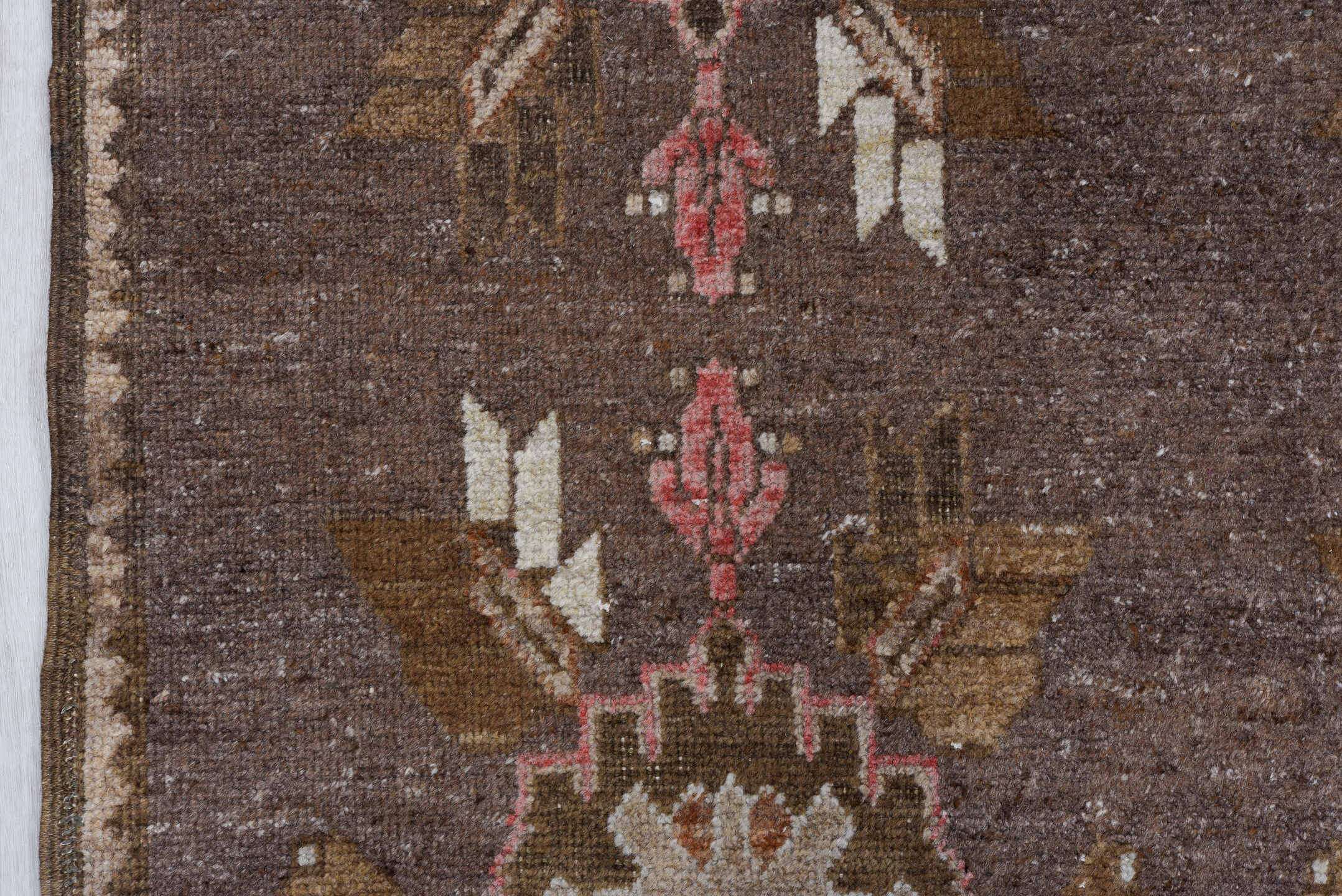10' x 12' one-of-a-kind handmade vintage Sparta large size rug. Color palette: brown, gray, light gray, off-white, pink, red