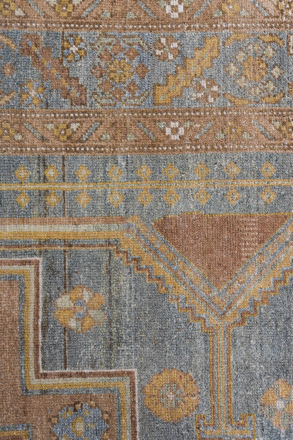 4' x 7' one-of-a-kind handmade antique Malayer rug. Color palette: blue, camel, ivory, taupe, tan, sage, brown, beige, gray