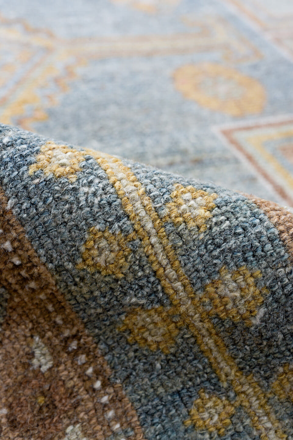 4' x 7' one-of-a-kind handmade antique Malayer rug. Color palette: blue, camel, ivory, taupe, tan, sage, brown, beige, gray