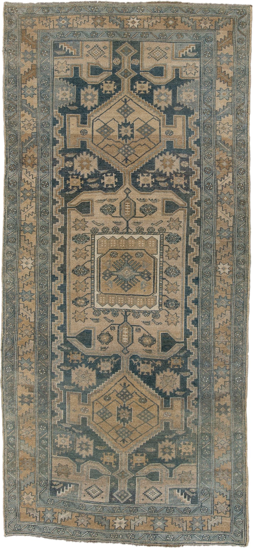 4' x 9' one-of-a-kind handmade antique NW Persian runner rug. Color palette: beige, slate, ivory, taupe, camel, charcoal
