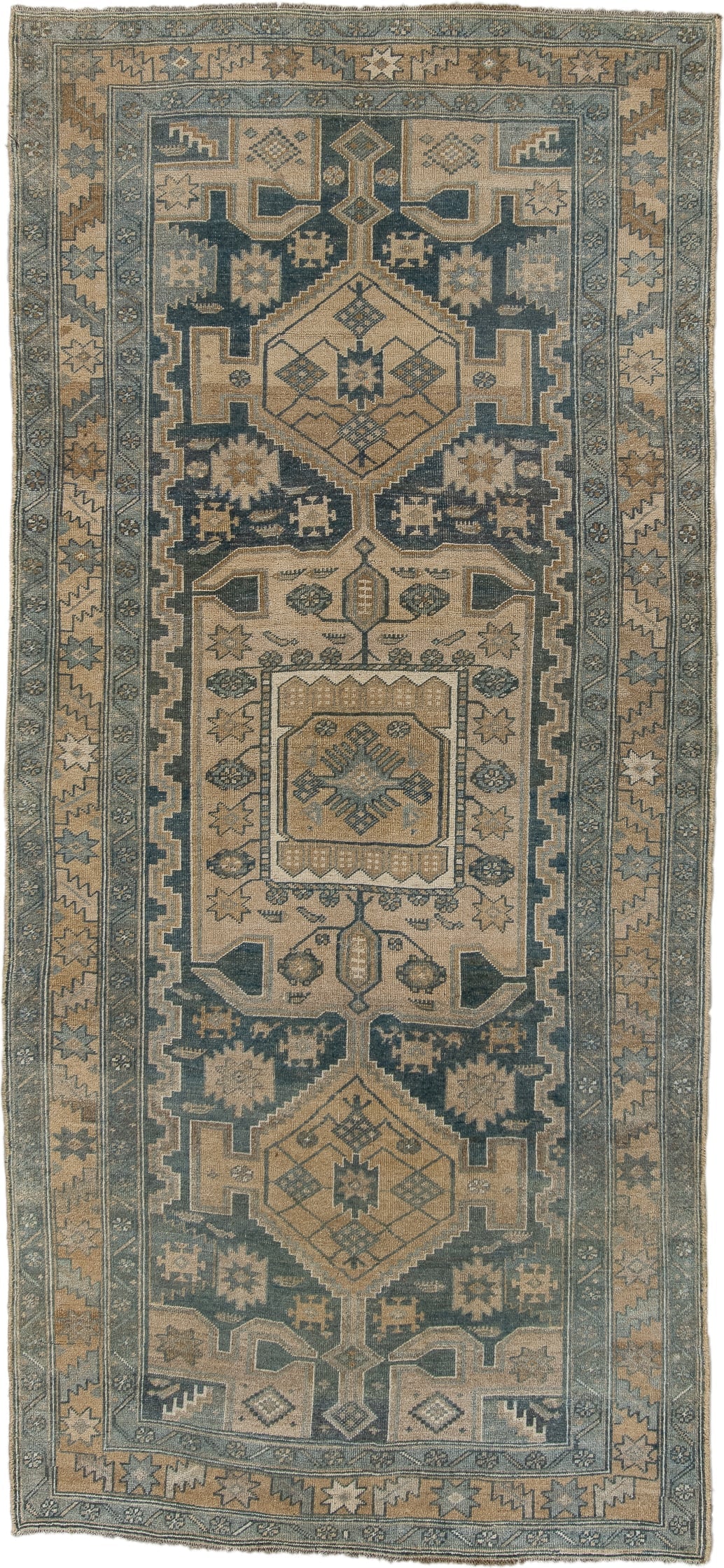 4' x 9' one-of-a-kind handmade antique NW Persian runner rug. Color palette: beige, slate, ivory, taupe, camel, charcoal