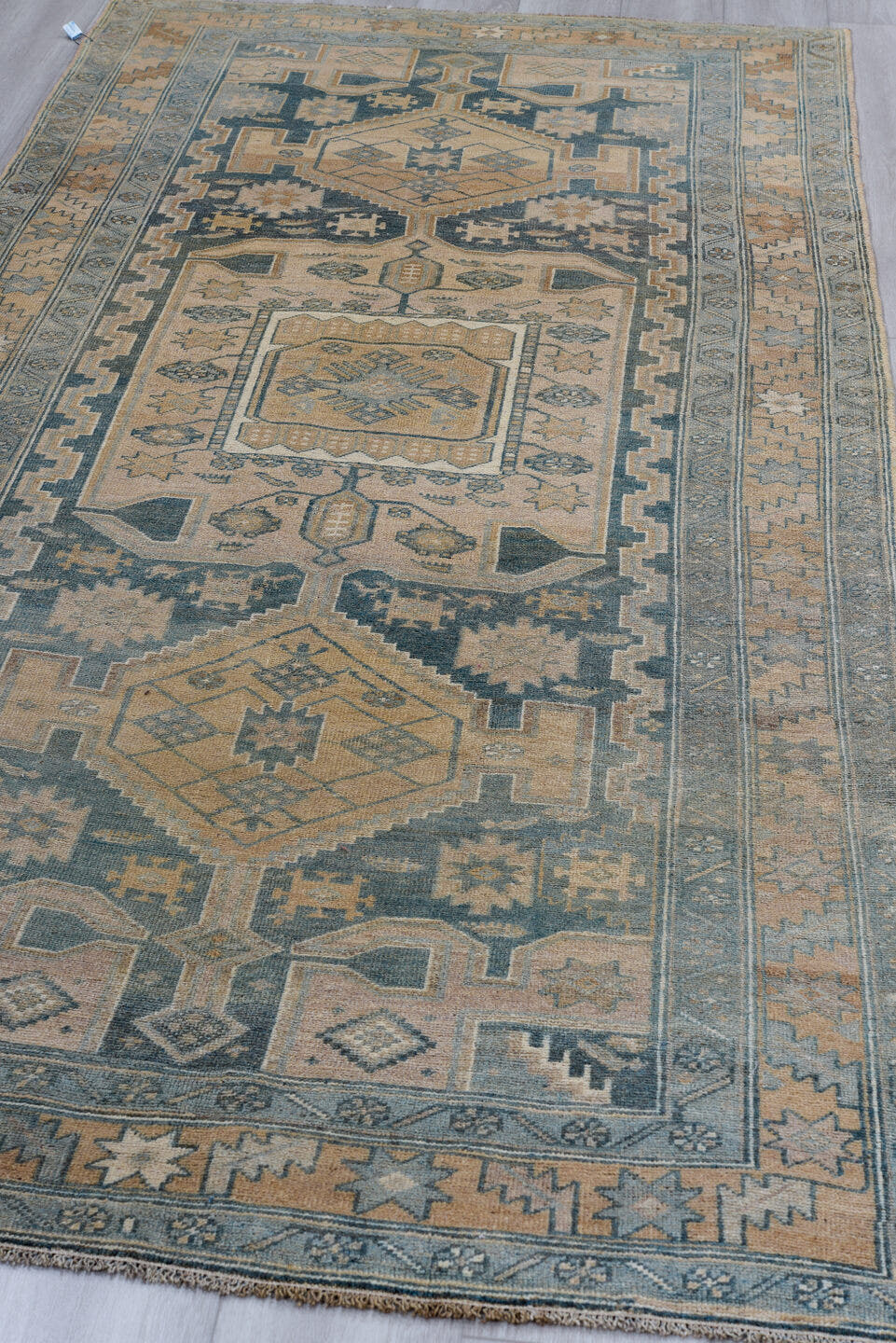 4' x 9' one-of-a-kind handmade antique NW Persian runner rug. Color palette: beige, slate, ivory, taupe, camel, charcoal