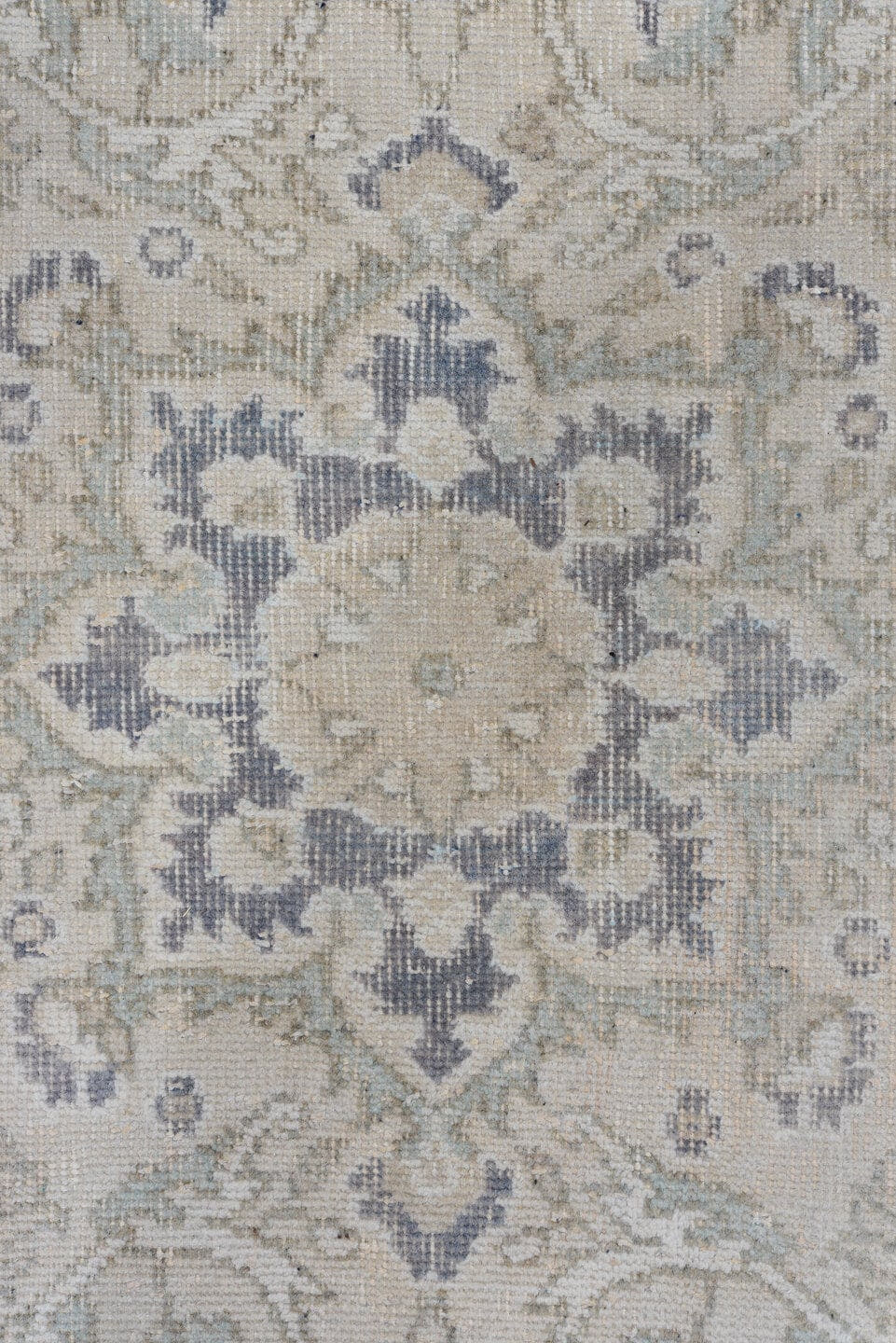 7' x 11' one-of-a-kind handmade antique Sparta large size rug. Color palette: ivory, slate, taupe, sage, beige, pale blue