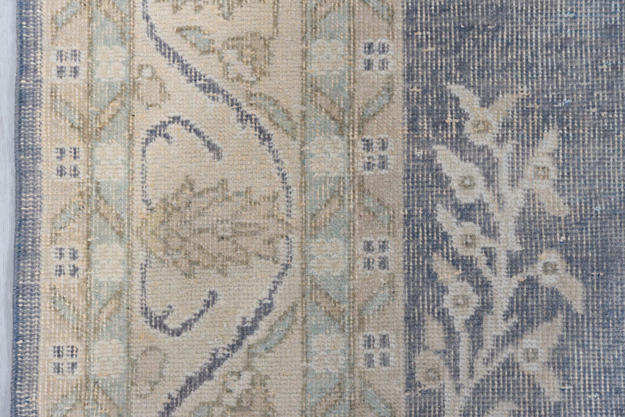 7' x 11' one-of-a-kind handmade antique Sparta large size rug. Color palette: ivory, slate, taupe, sage, beige, pale blue