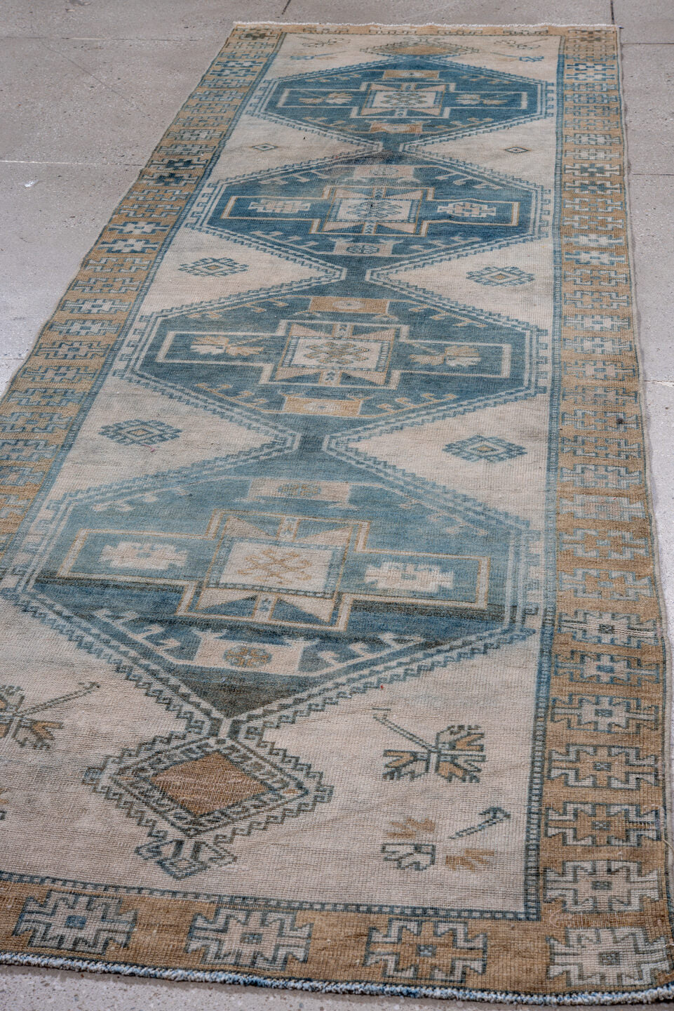 3' x 11' one-of-a-kind handmade vintage Oushak runner rug. Color palette: arapawa, black, blue, gray, light blue, light gray
