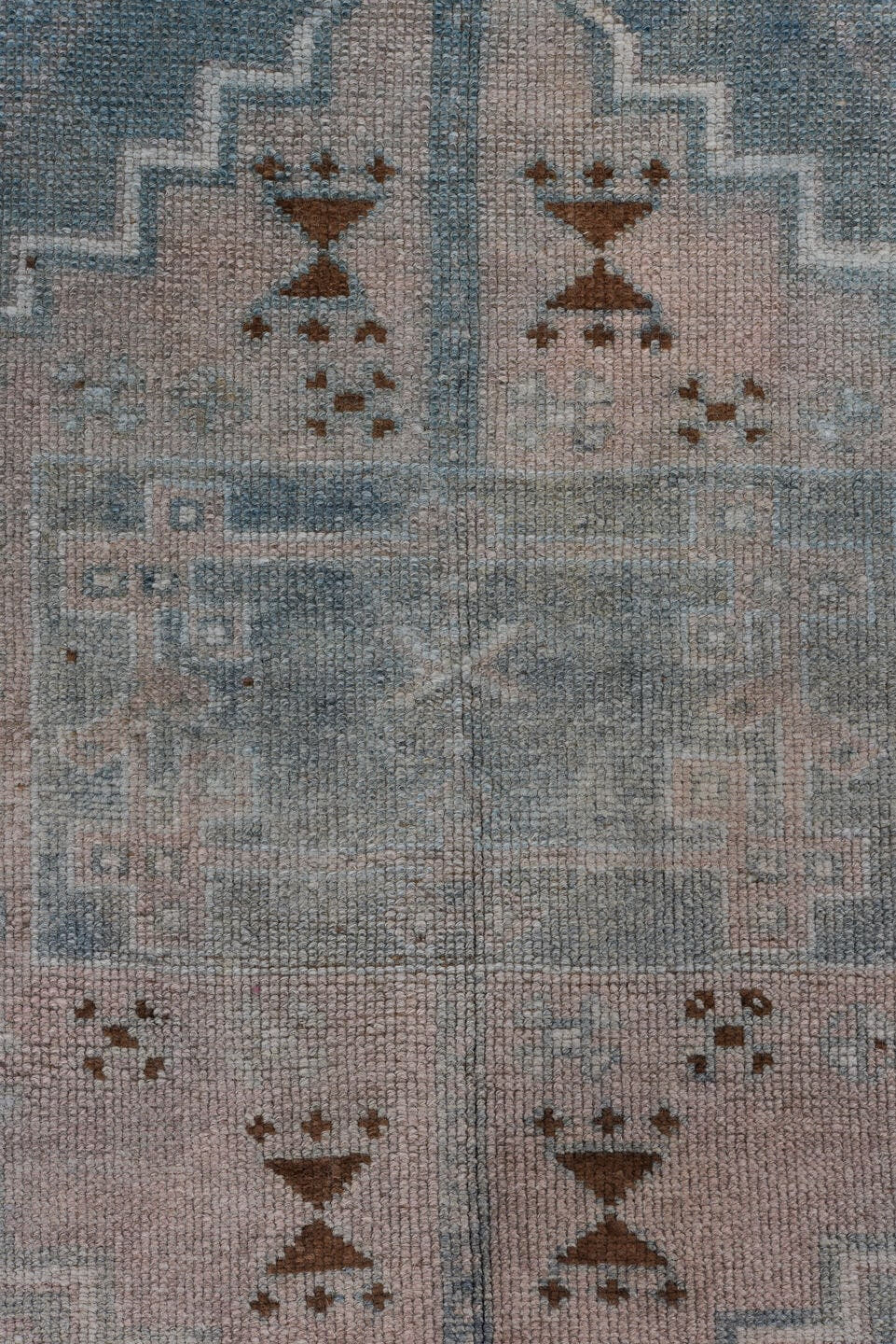 3' x 10' one-of-a-kind handmade antique Oushak runner rug. Color palette: sky blue, blush, ivory, rust, taupe, slate