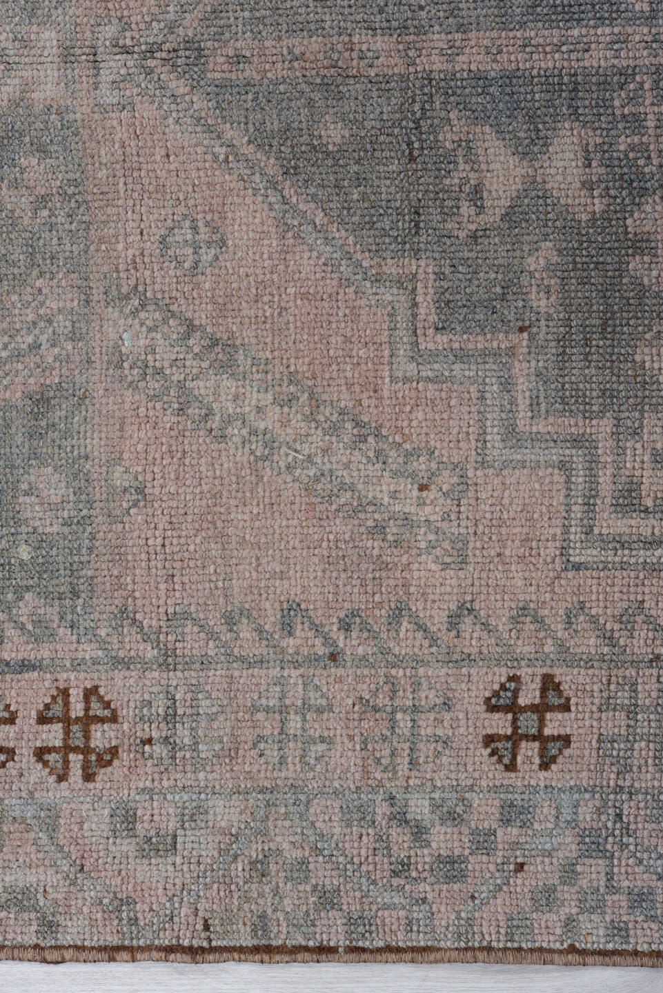 3' x 10' one-of-a-kind handmade antique Oushak runner rug. Color palette: sky blue, blush, ivory, rust, taupe, slate