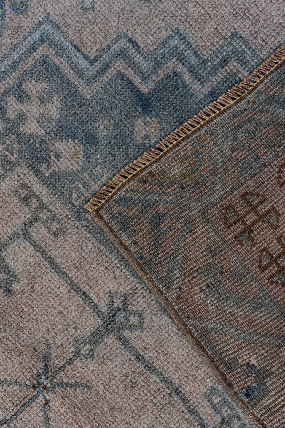3' x 10' one-of-a-kind handmade antique Oushak runner rug. Color palette: sky blue, blush, ivory, rust, taupe, slate
