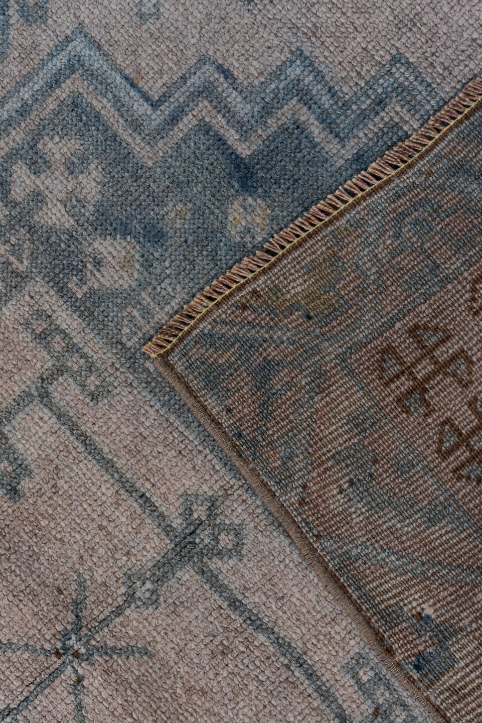 3' x 10' one-of-a-kind handmade antique Oushak runner rug. Color palette: sky blue, blush, ivory, rust, taupe, slate