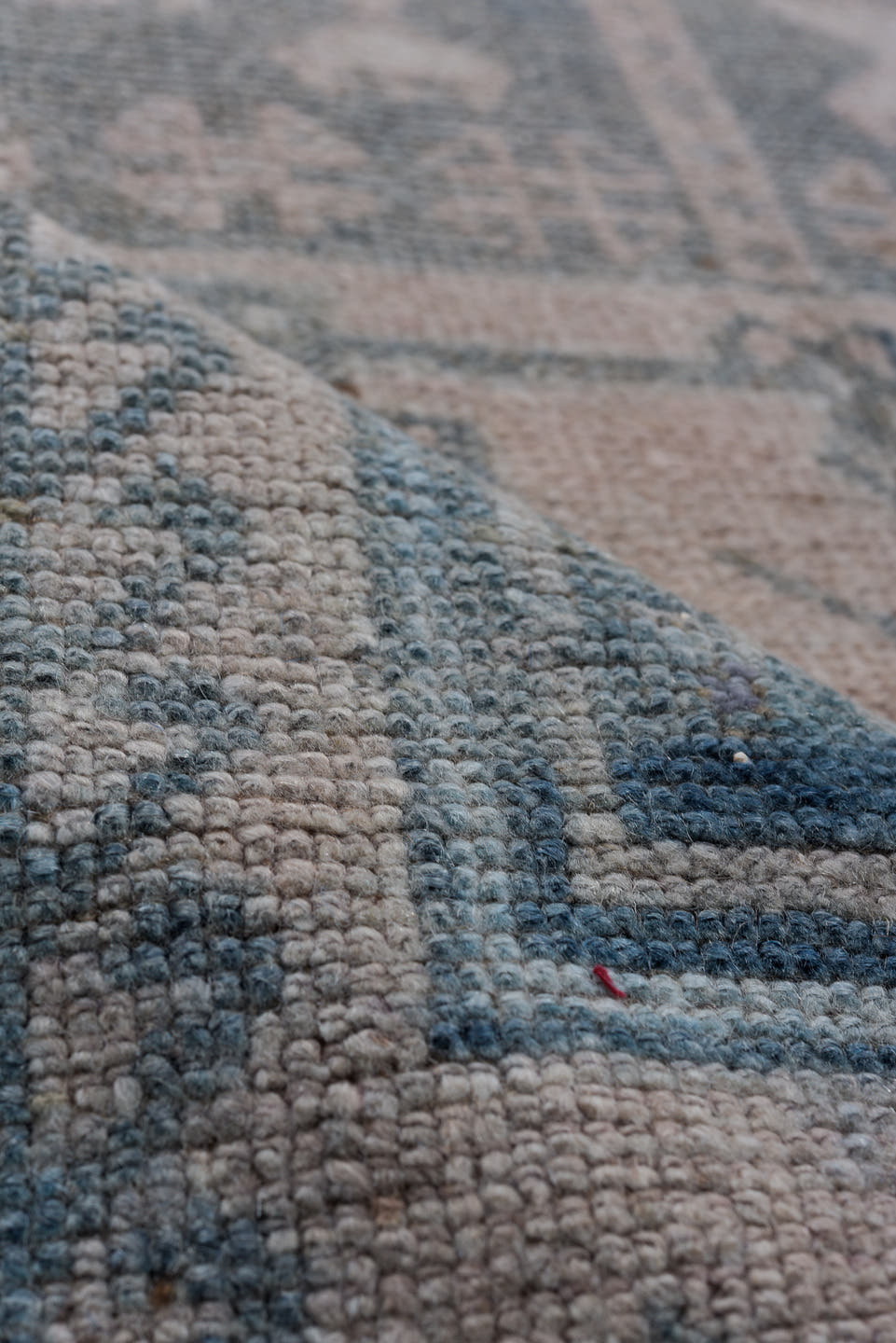 3' x 10' one-of-a-kind handmade antique Oushak runner rug. Color palette: sky blue, blush, ivory, rust, taupe, slate