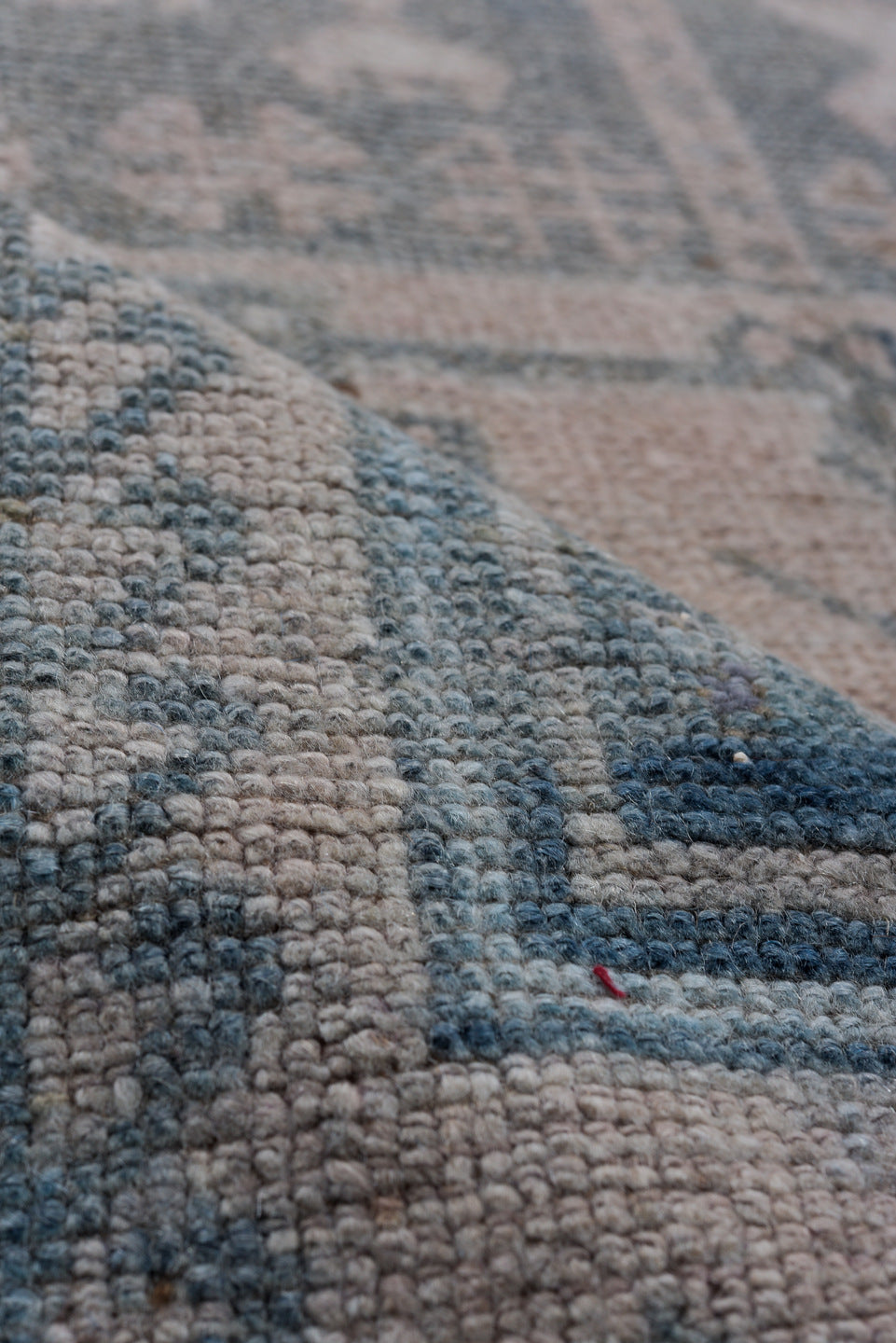 3' x 10' one-of-a-kind handmade antique Oushak runner rug. Color palette: sky blue, blush, ivory, rust, taupe, slate