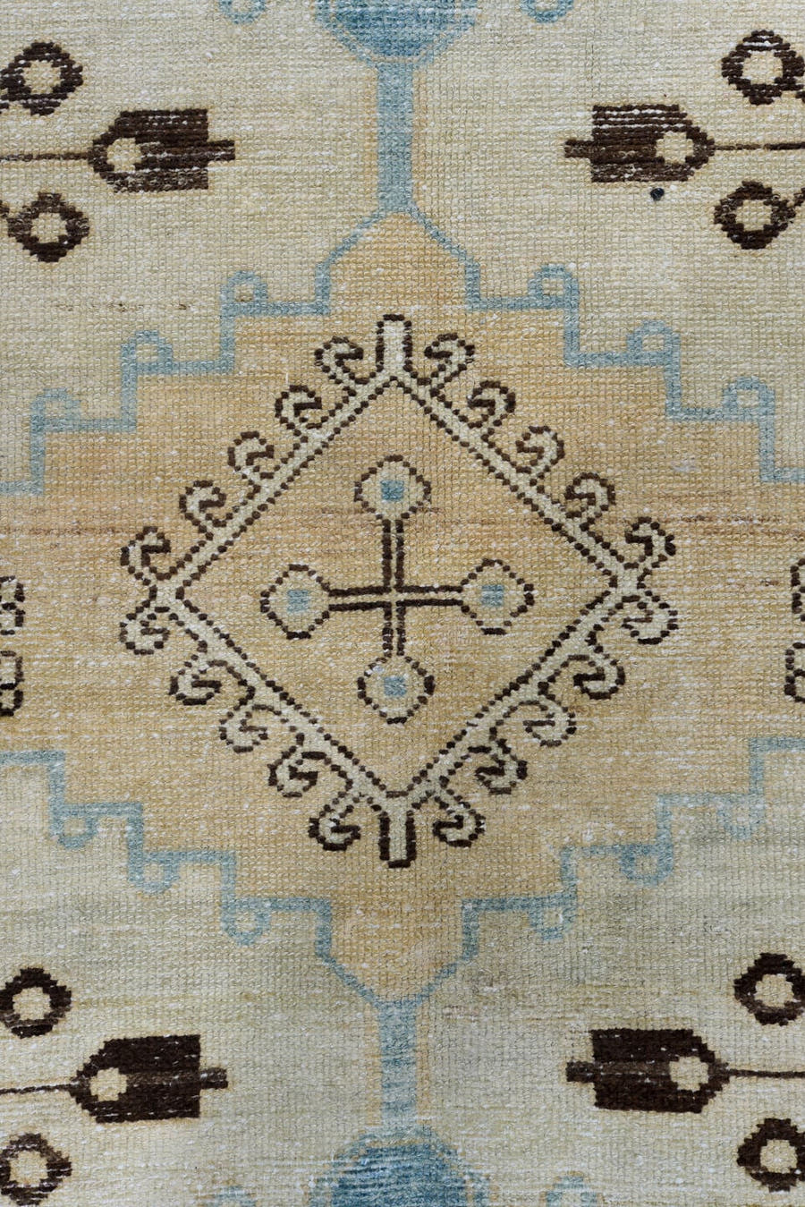 5' x 6' one-of-a-kind handmade antique Baktiary rug. Color palette: ivory, sky blue, camel, brown, taupe, light blue, beige