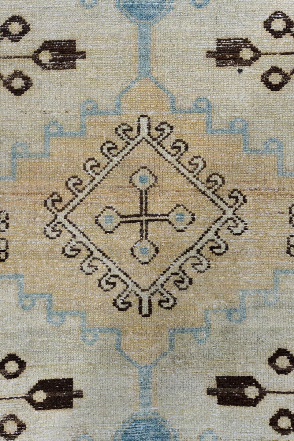 5' x 6' one-of-a-kind handmade antique Baktiary rug. Color palette: ivory, sky blue, camel, brown, taupe, light blue, beige