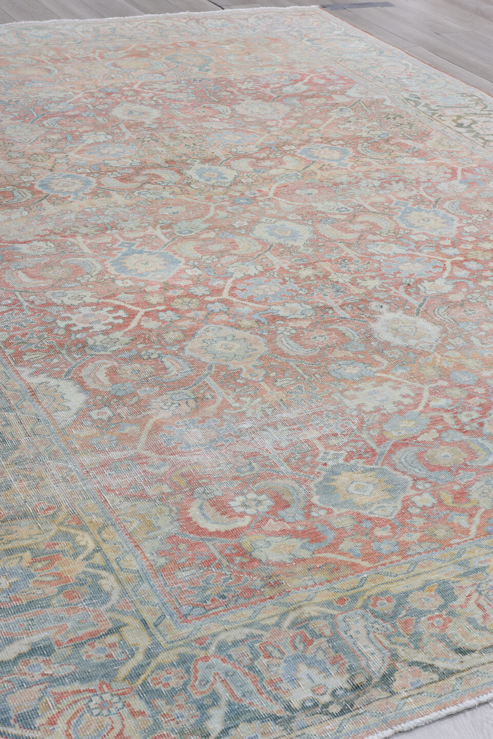 9' x 12' one-of-a-kind handmade antique Mahal large size rug. Color palette: terra cotta, pale blue, ivory, taupe, slate