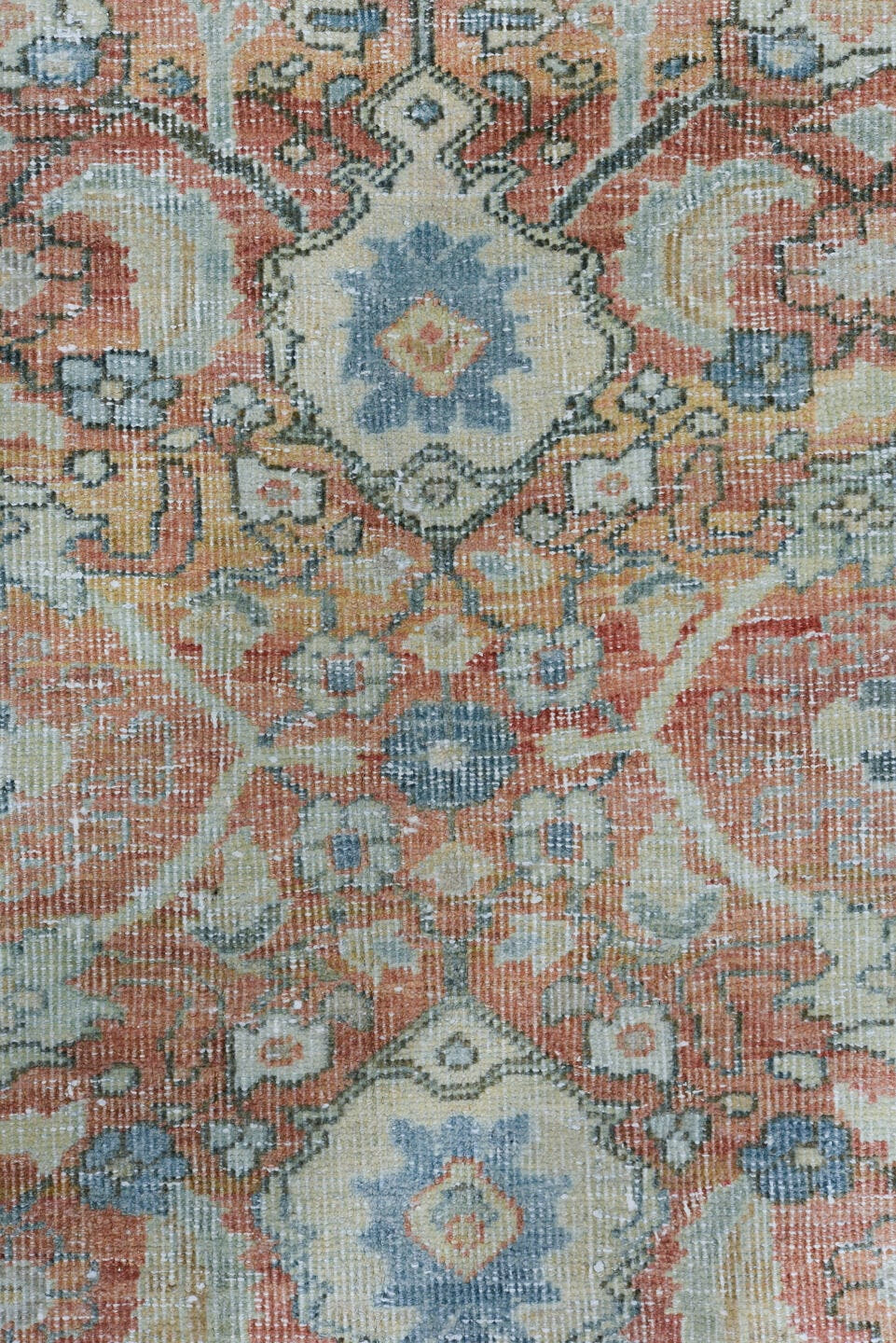 9' x 12' one-of-a-kind handmade antique Mahal large size rug. Color palette: terra cotta, pale blue, ivory, taupe, slate