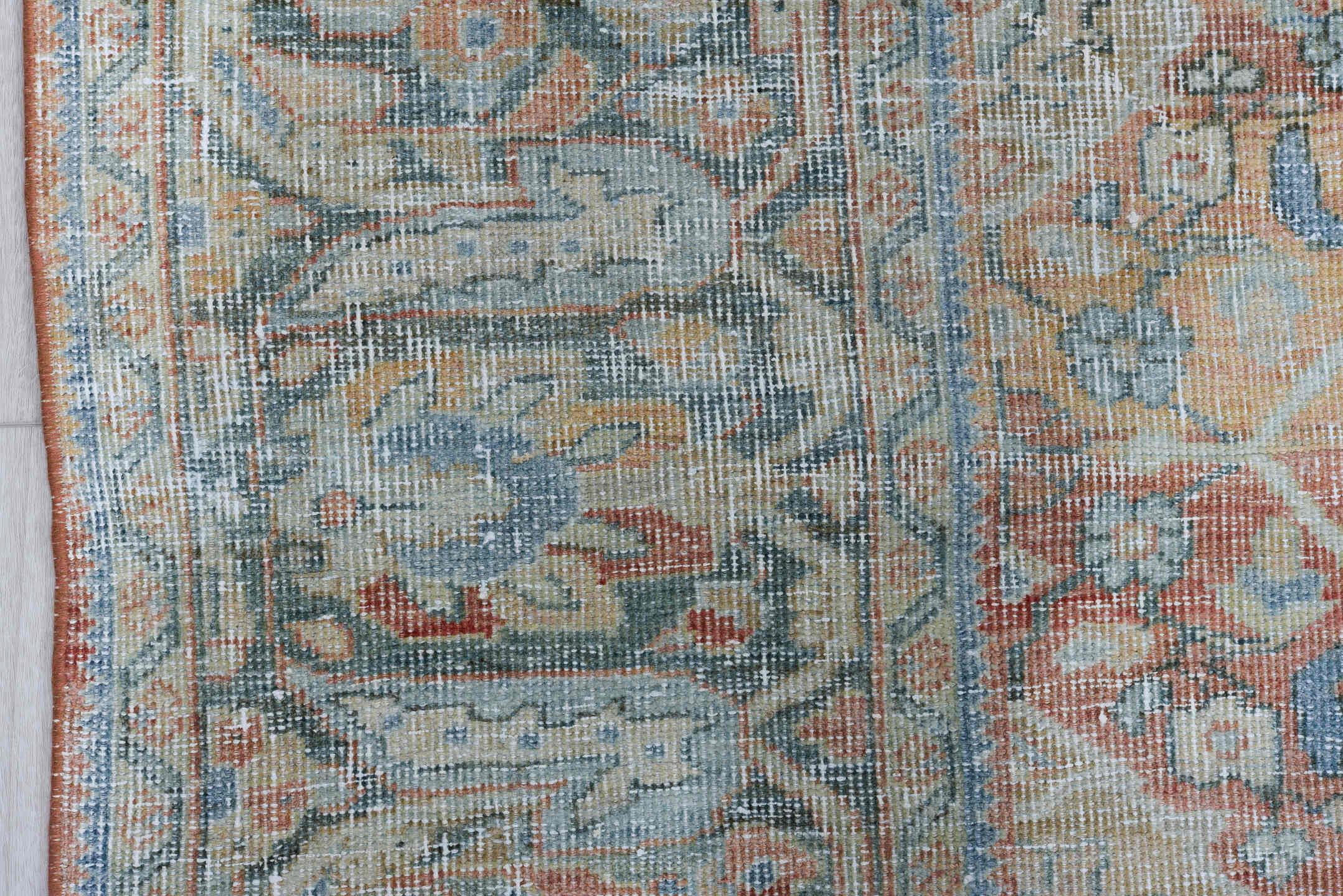 9' x 12' one-of-a-kind handmade antique Mahal large size rug. Color palette: terra cotta, pale blue, ivory, taupe, slate